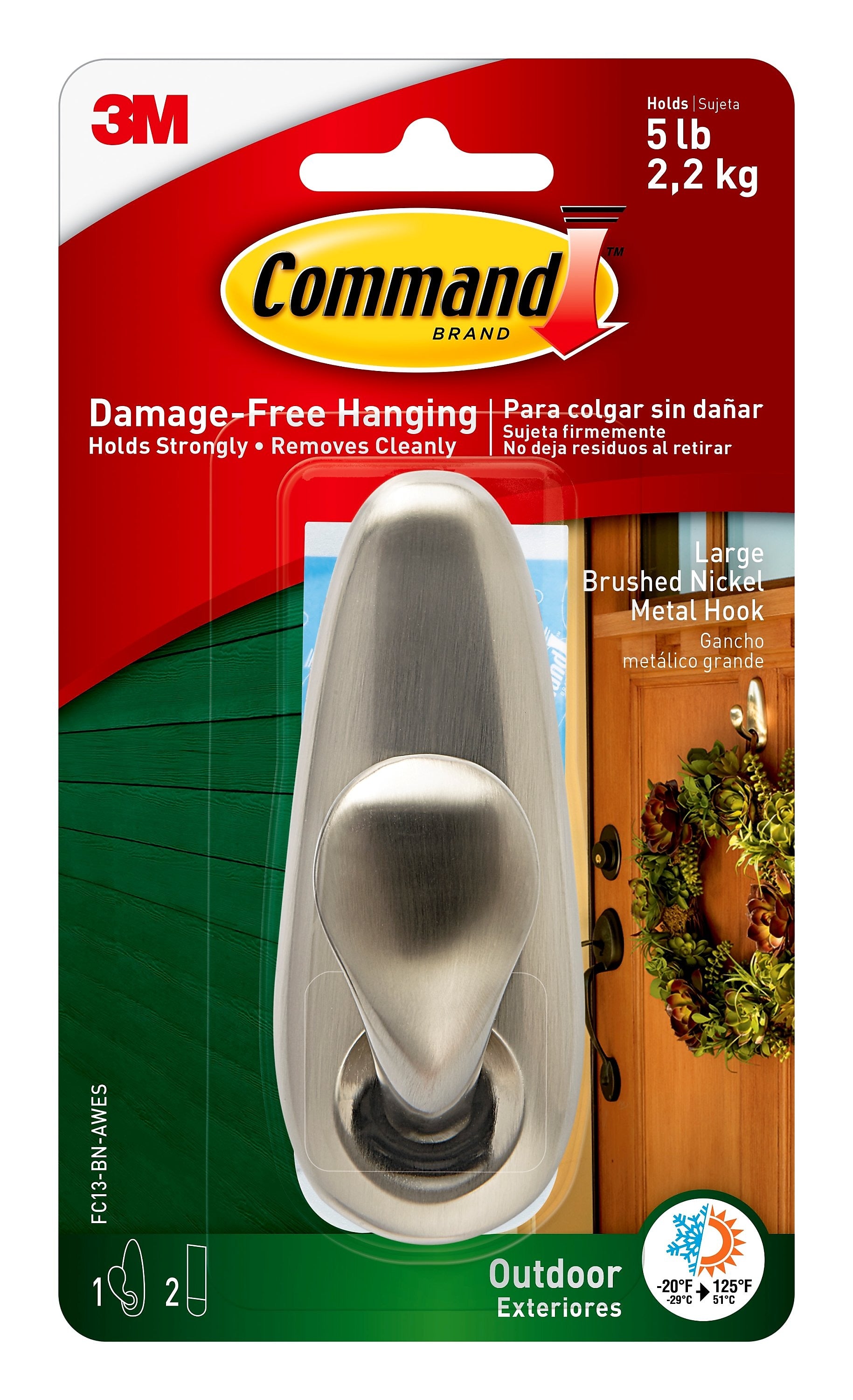 Command Large Metal Hook, 5 lb., Brushed Nickel