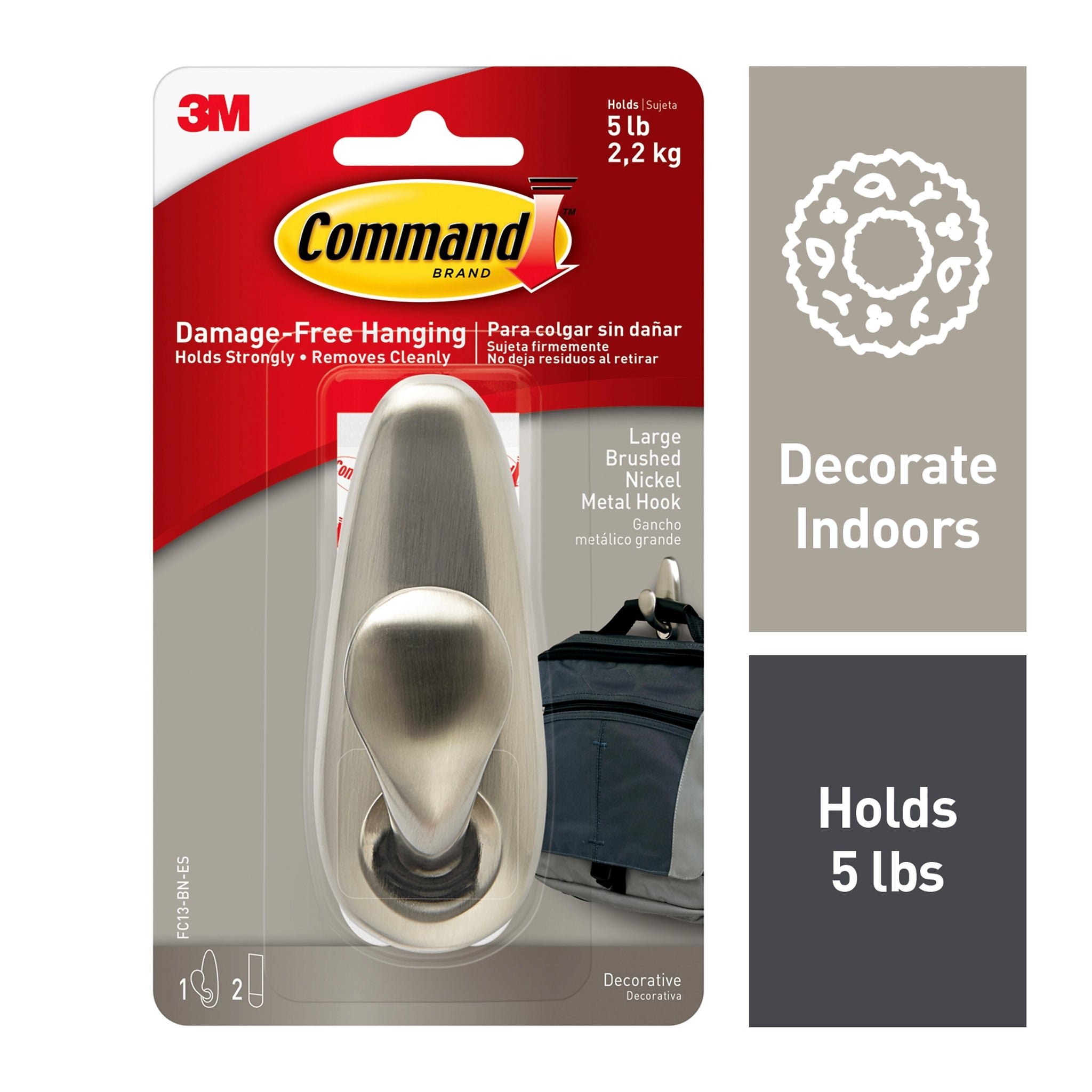 Command Large Metal Hook, 5 lb., Brushed Nickel