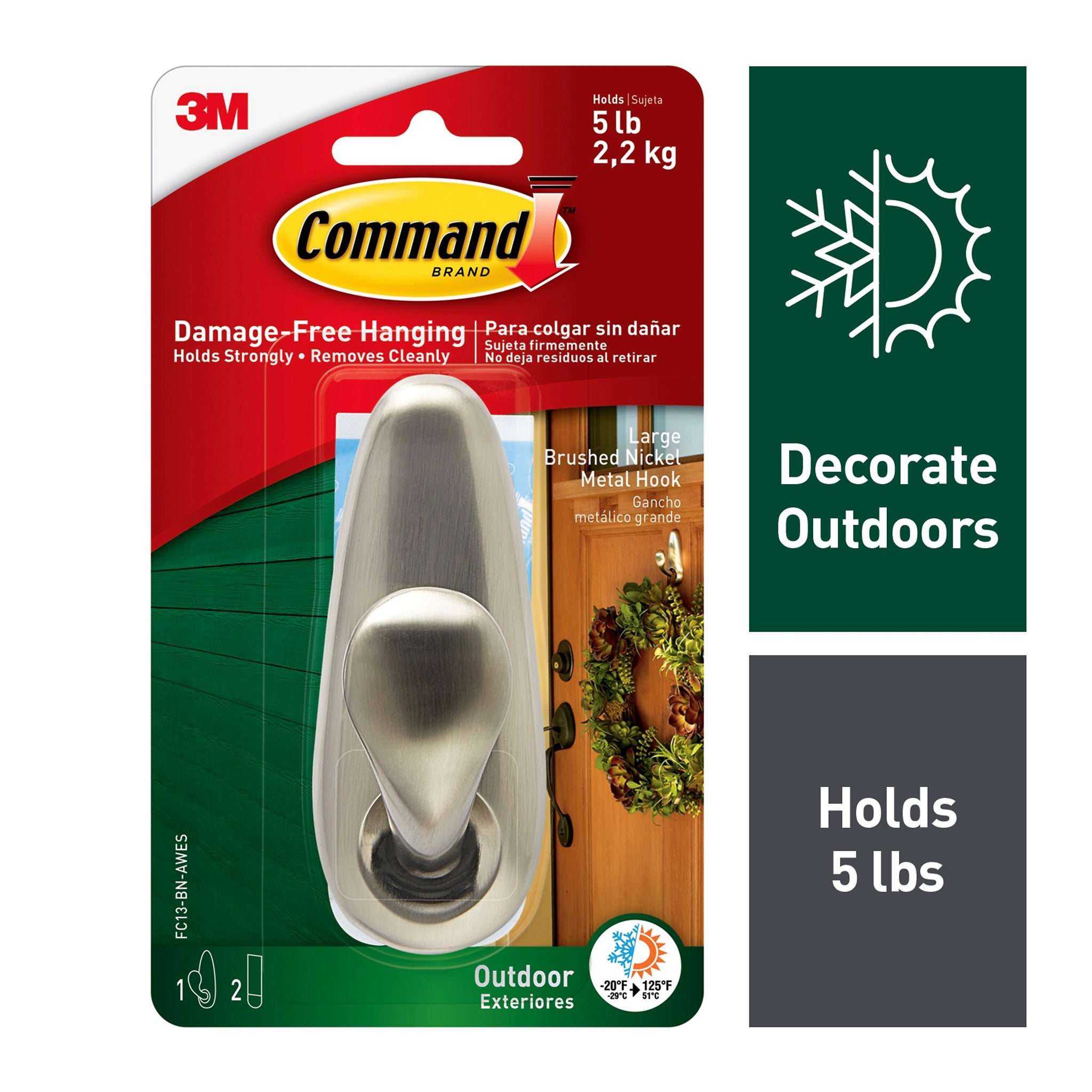 Command Large Metal Hook, 5 lb., Brushed Nickel
