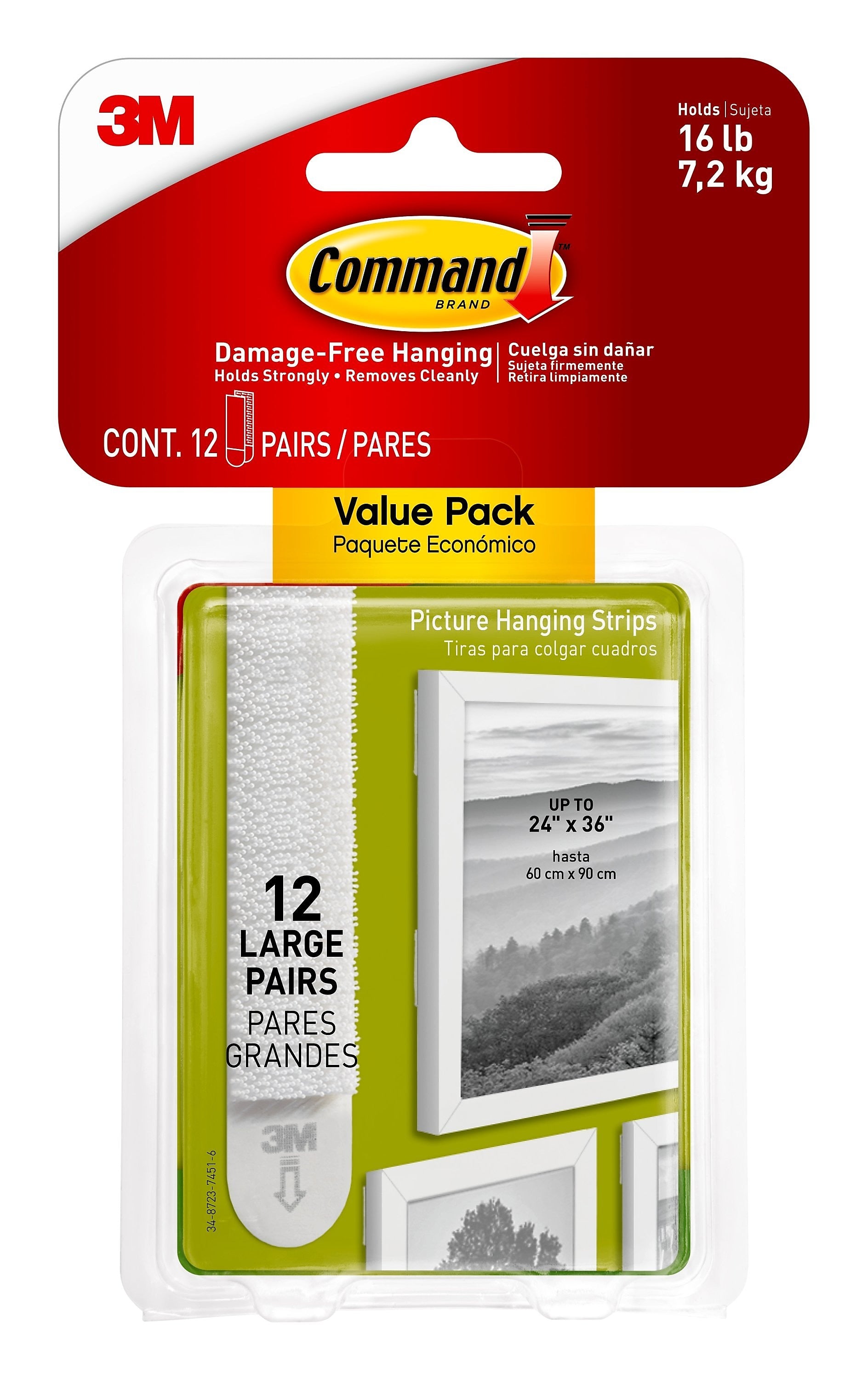 Command Large Picture Hanging Strips, White, Damage Free Hanging of Dorm Decor, 12 Pairs, 24 Command Strips)