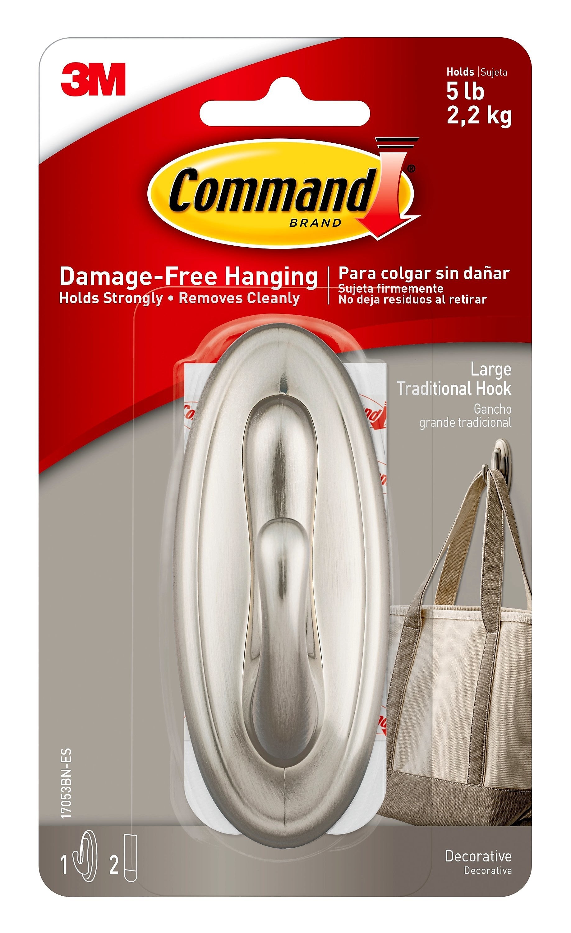 Command Large Traditional Hook, Brushed Nickel, 1 Hook, 2 Strips/Pack
