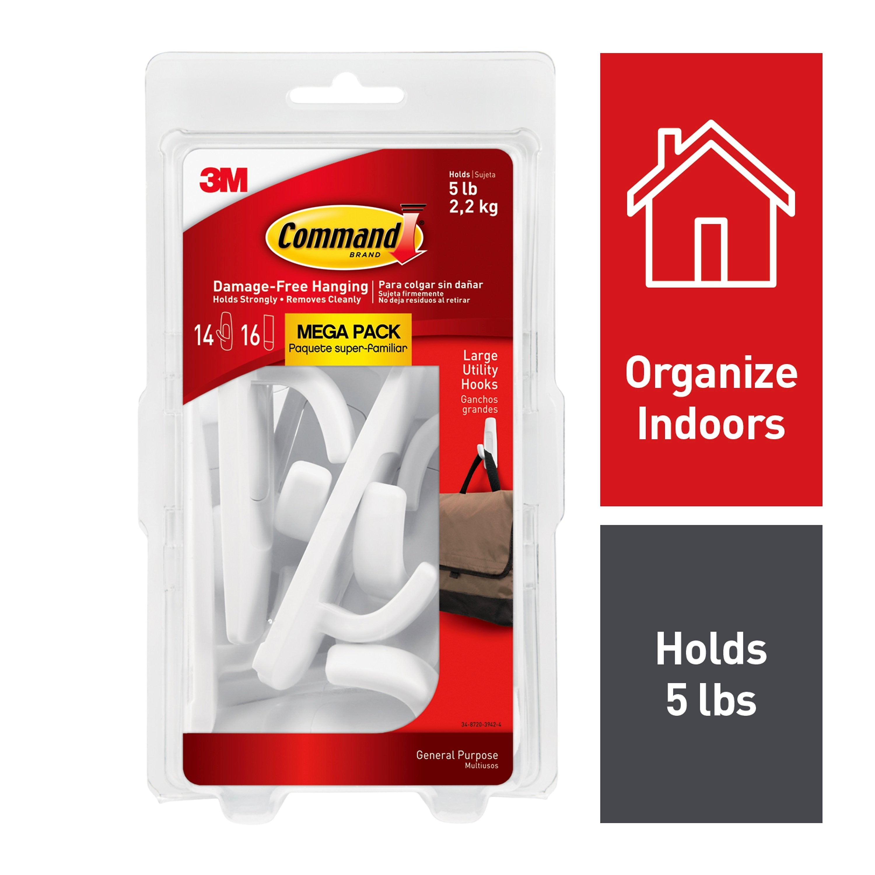 Command Large Utility Hooks Mega Pack, Large, 14 Hooks