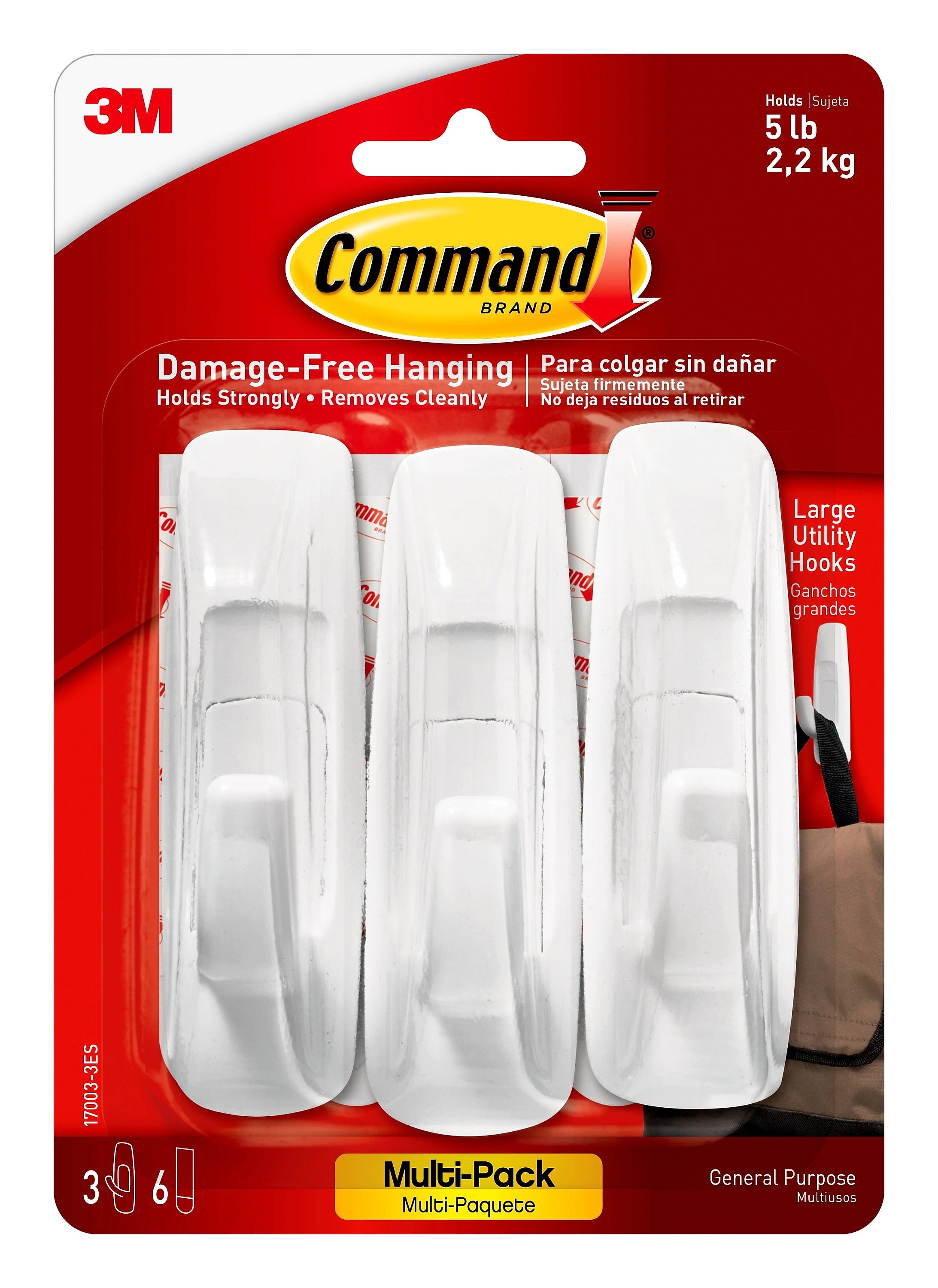 Command Large Utility Hooks, White, Damage Free Hanging of Dorm Room Decorations, 3 Command Hooks, 6 Command Strips