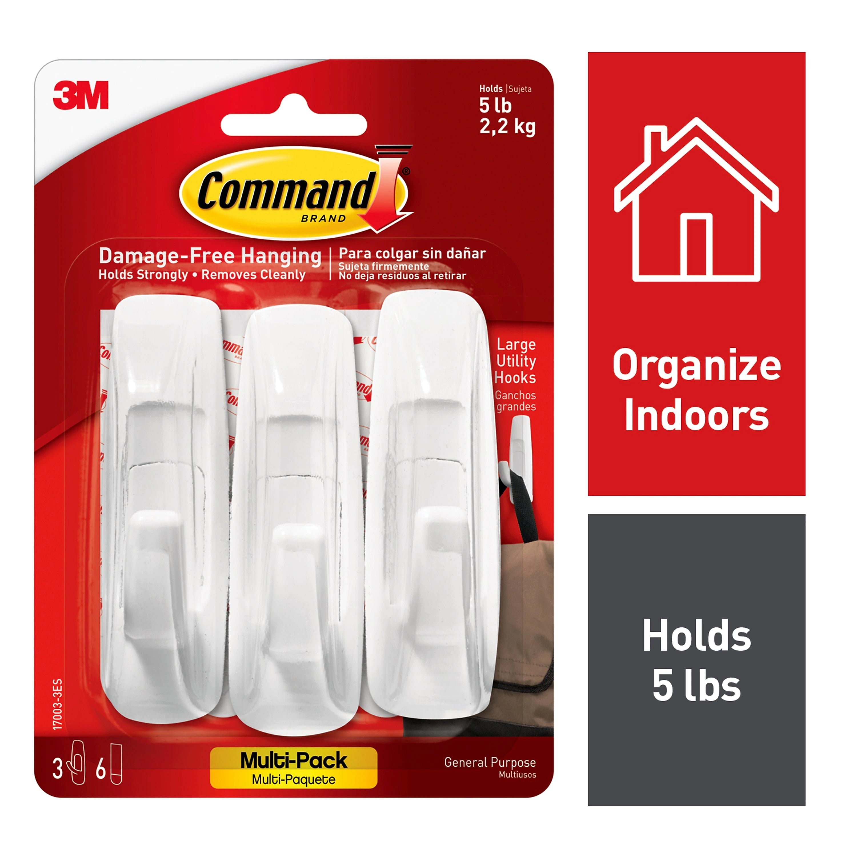 Command Large Utility Hooks, White, Damage Free Hanging of Dorm Room Decorations, 3 Command Hooks, 6 Command Strips
