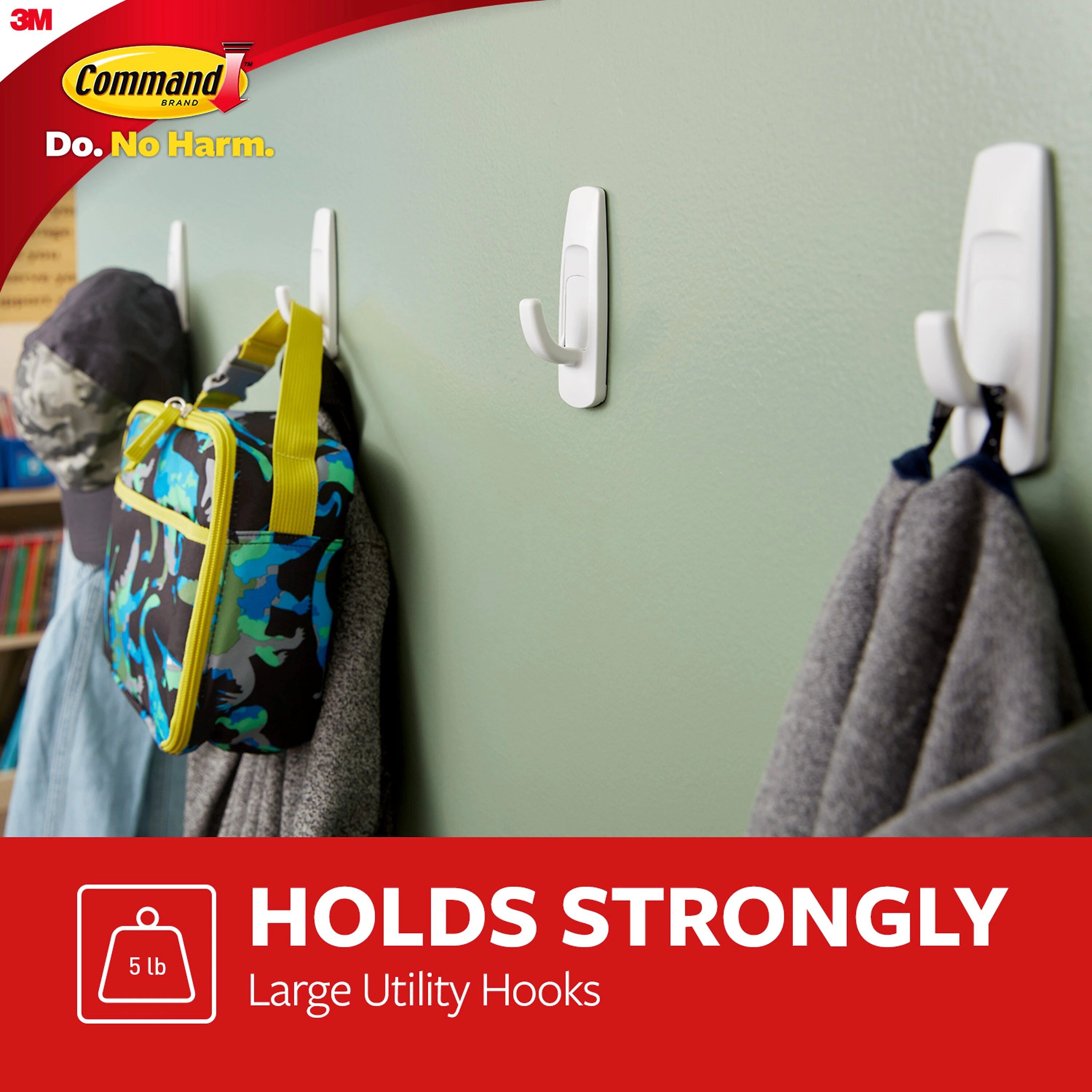 Command Large Utility Hooks, White, Damage Free Hanging of Dorm Room Decorations, 3 Command Hooks, 6 Command Strips