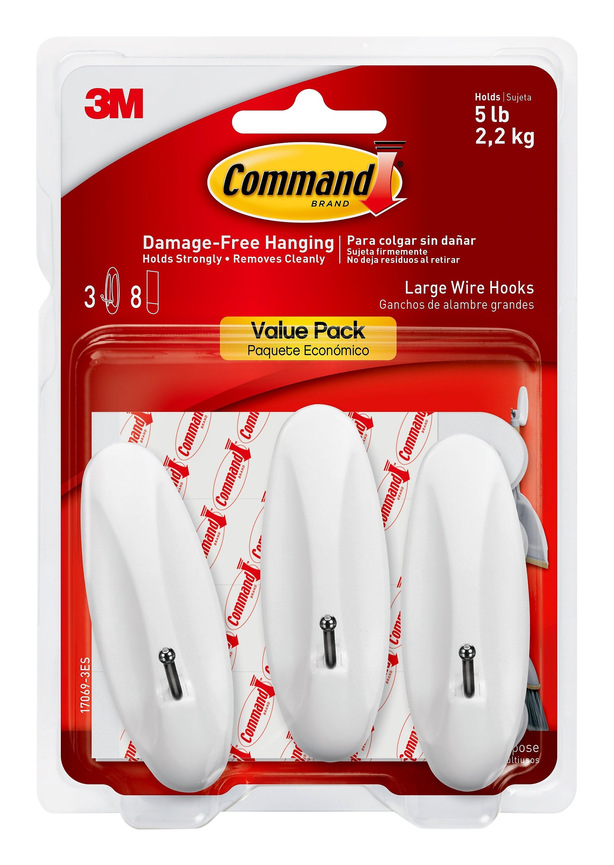 Command Large Wire Hook, 5 lb., White, 3/Pack
