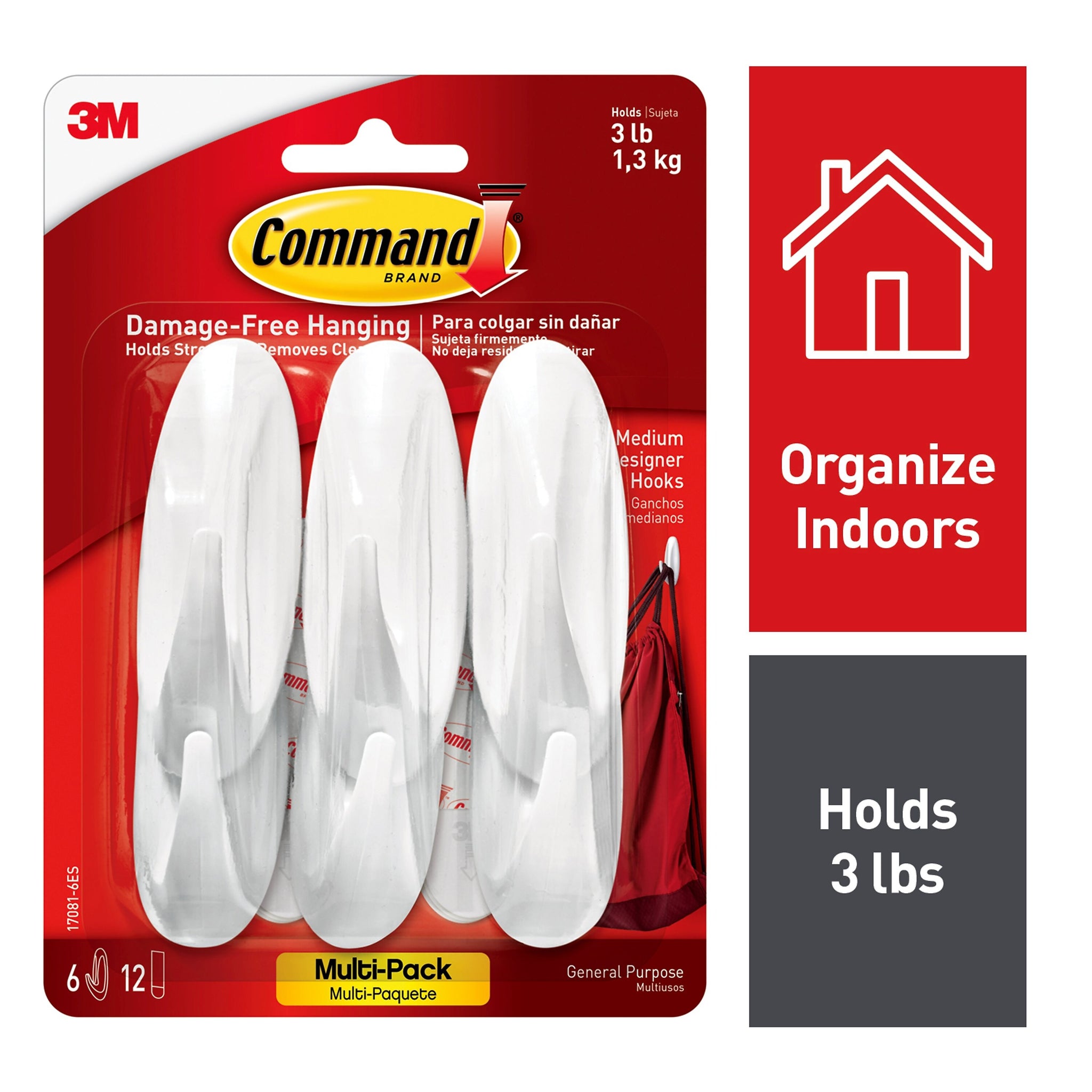 Command Medium Decorative Hooks, 3 lb., White, 6/Pack