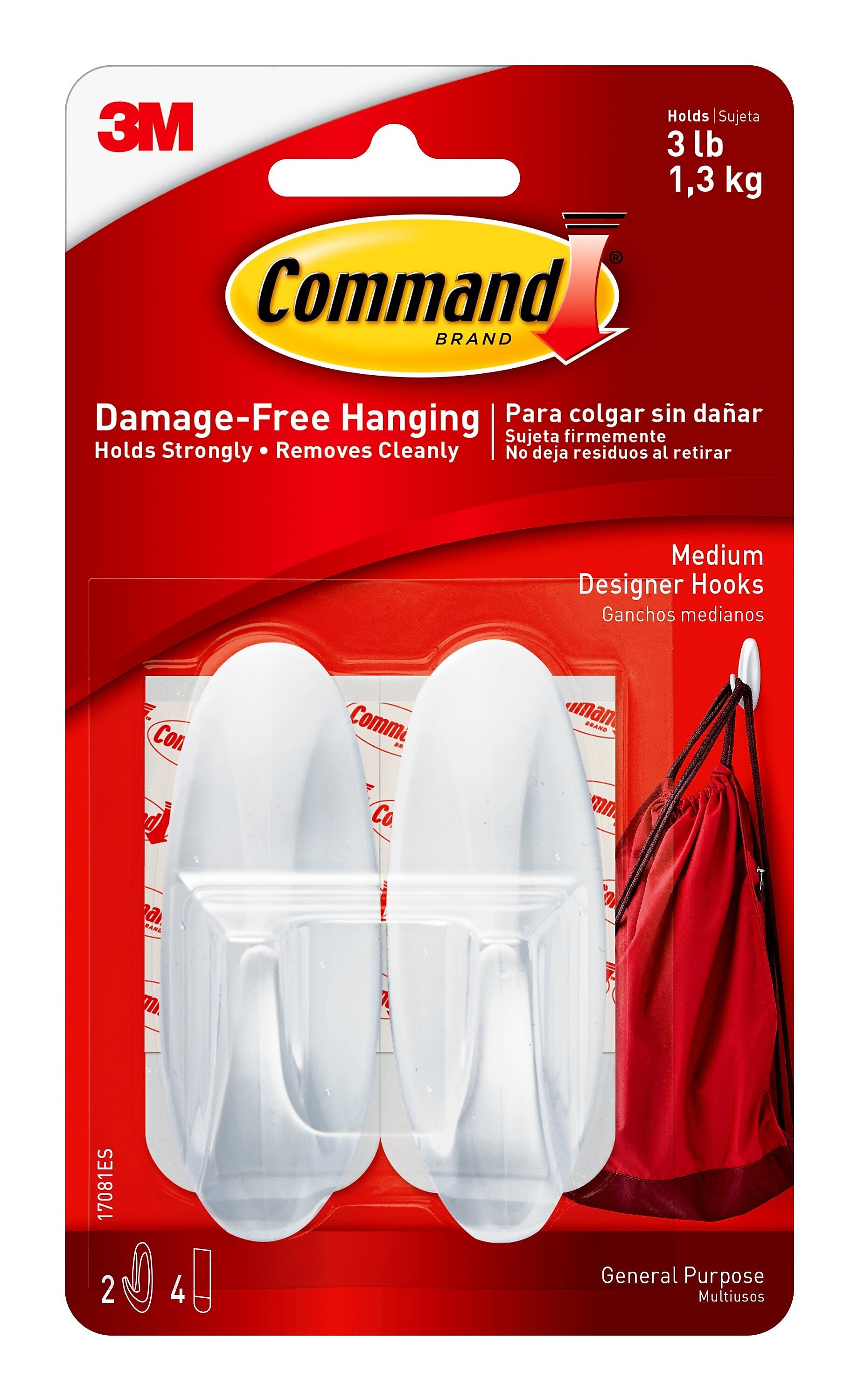 Command Medium Designer Hooks, 3 lb., White, 2/Pack