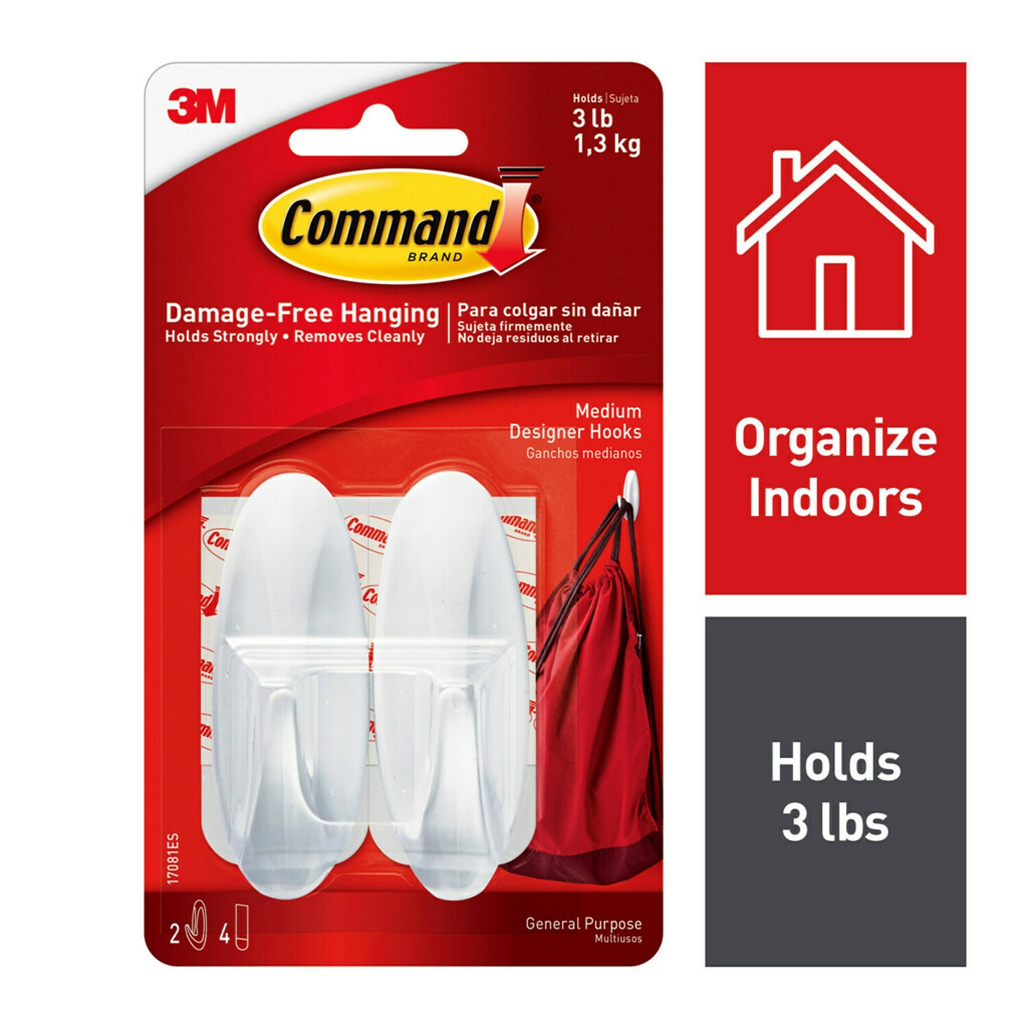 Command Medium Designer Hooks, 3 lb., White, 2/Pack