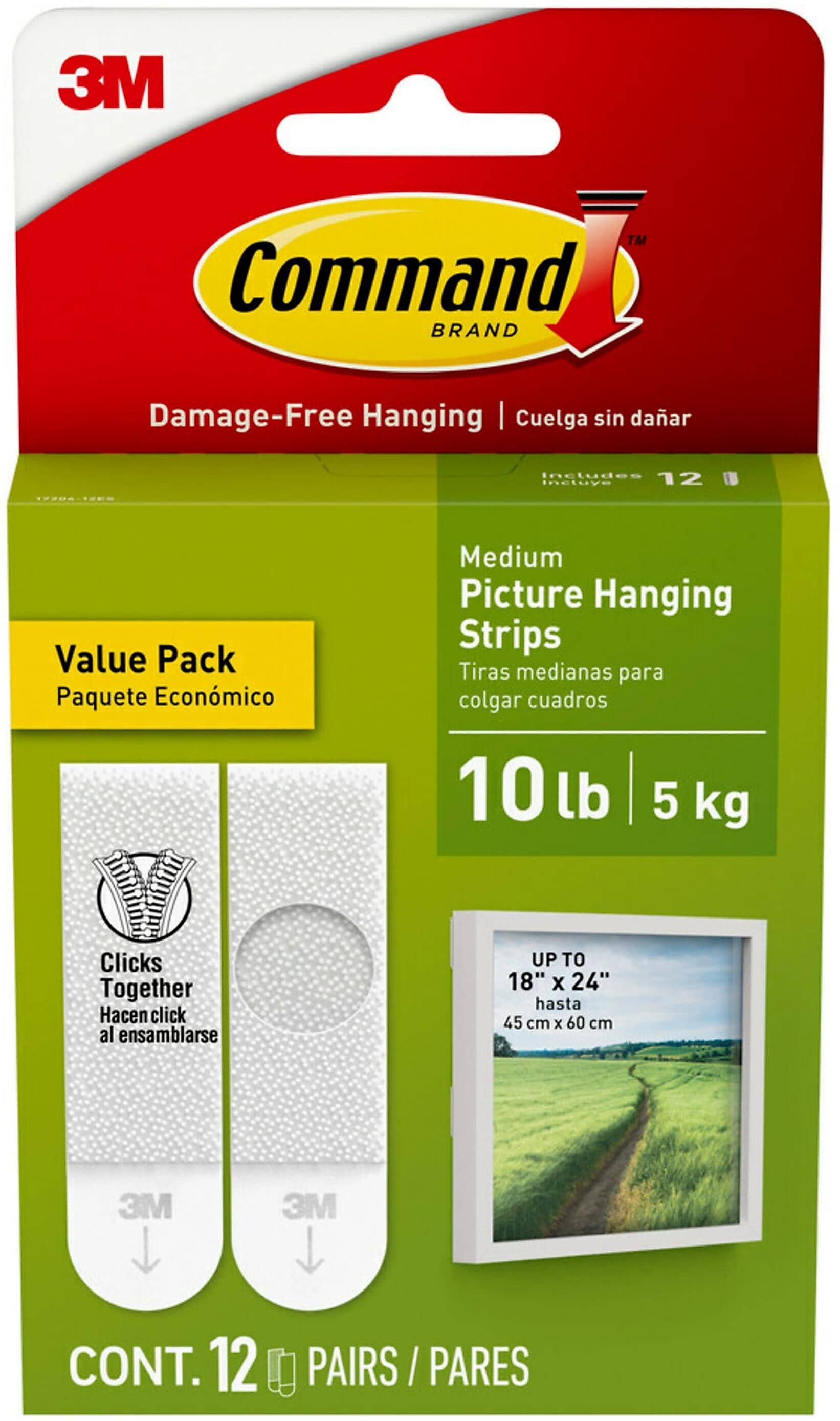 Command Medium Hanging Strips, 10 lb., White, 12/Pack