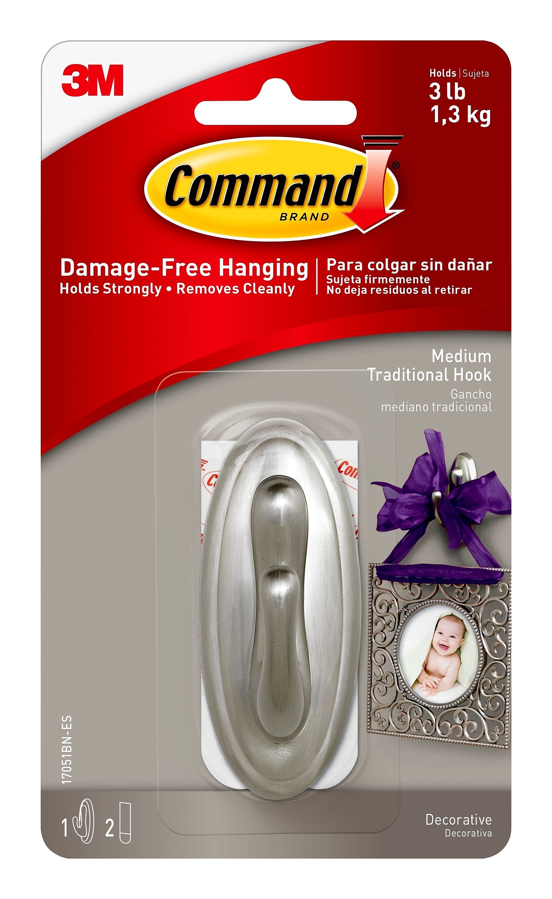 Command Medium Hook, 3lb., Brushed Nickel