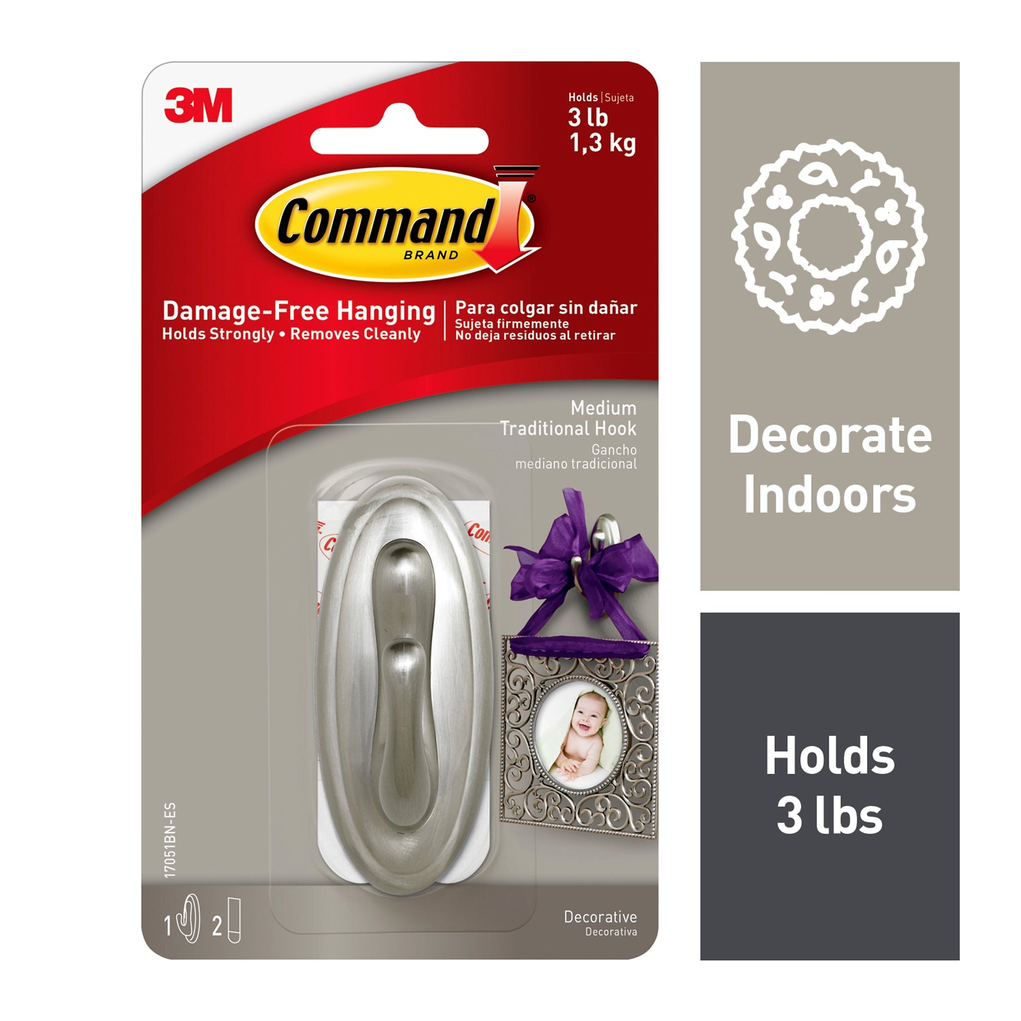 Command Medium Hook, 3lb., Brushed Nickel