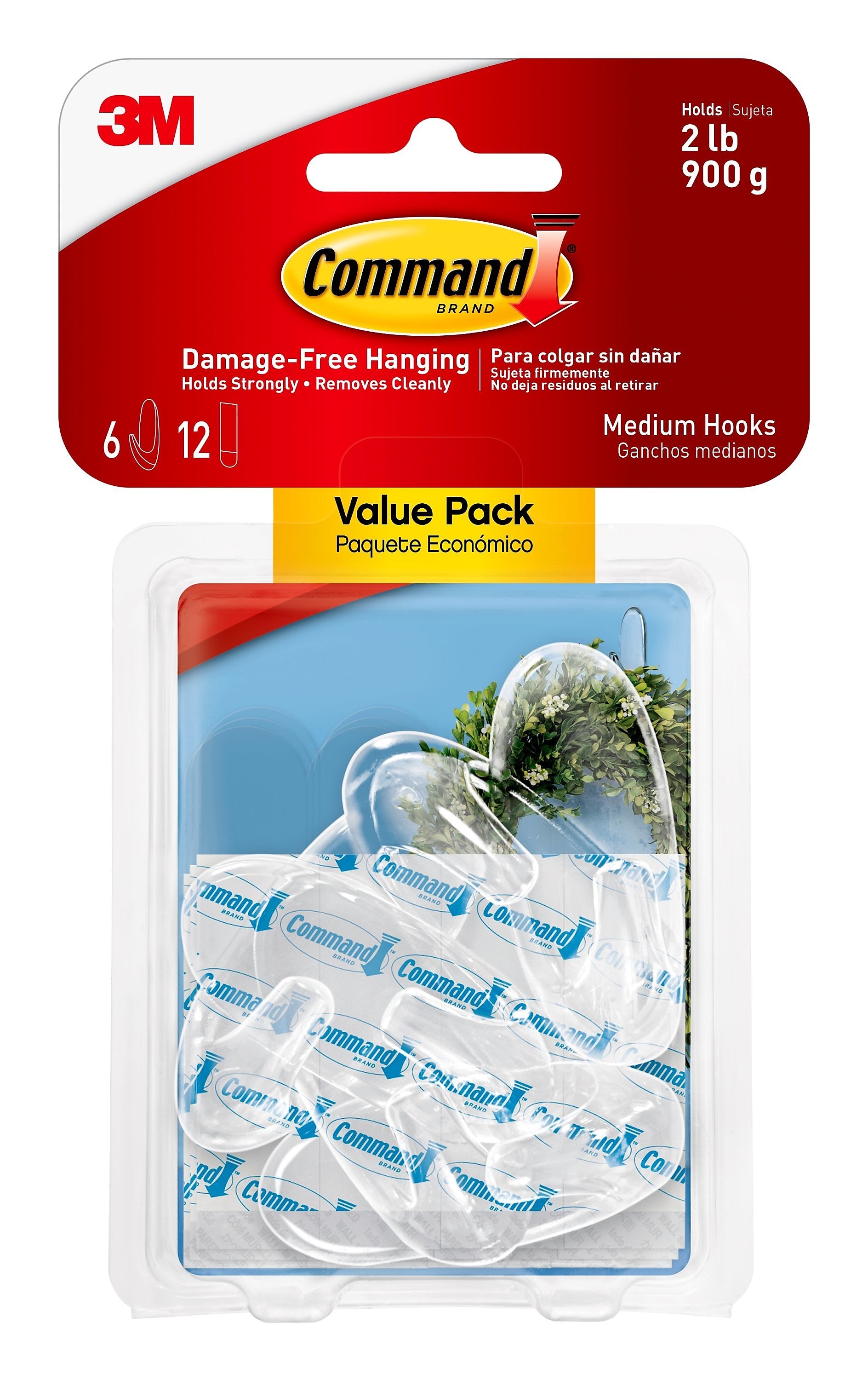 Command Medium Hooks, 2 lb., Clear, 6/Pack