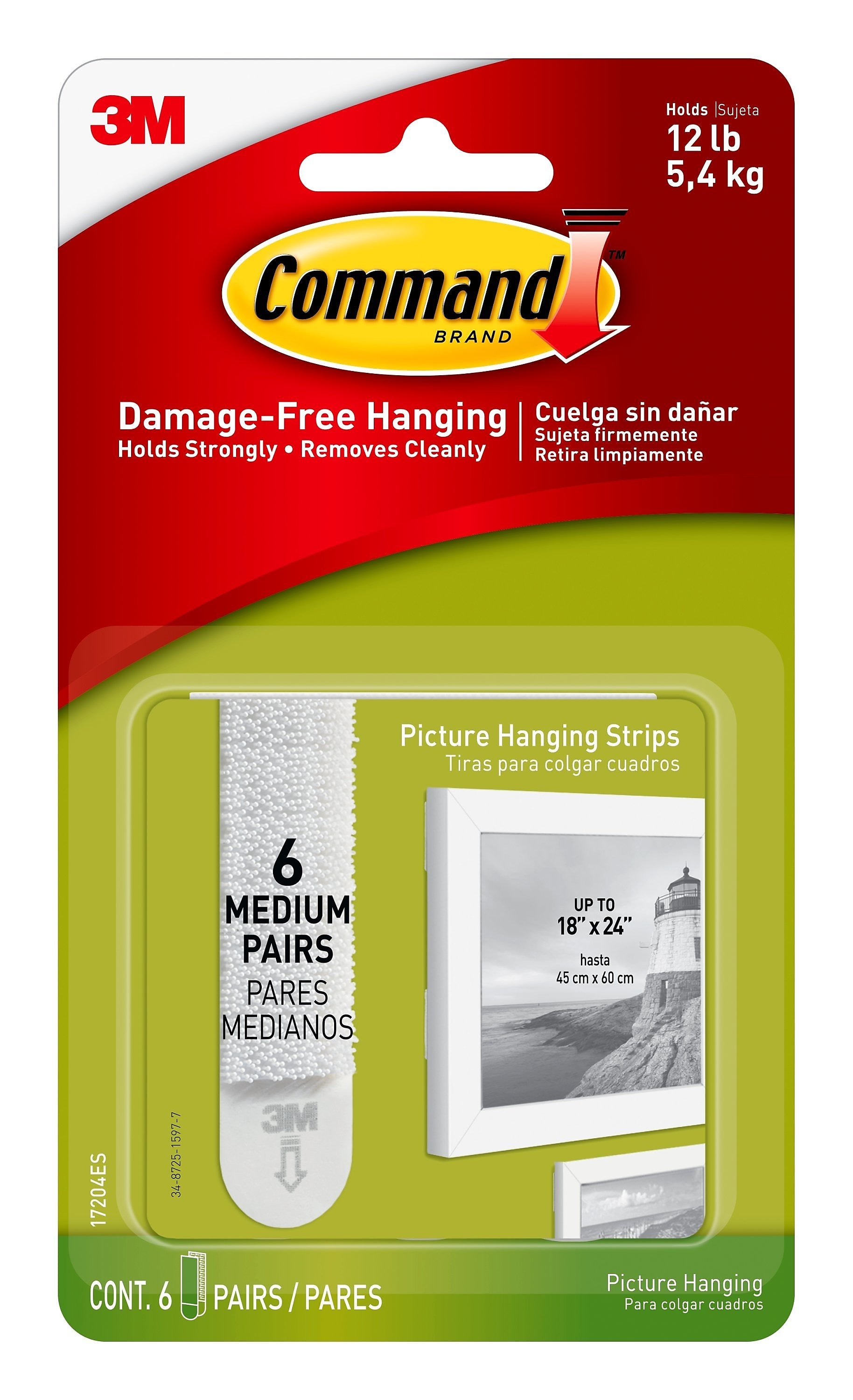 Command™ Medium Picture Hanging Strips, White, 6 Sets