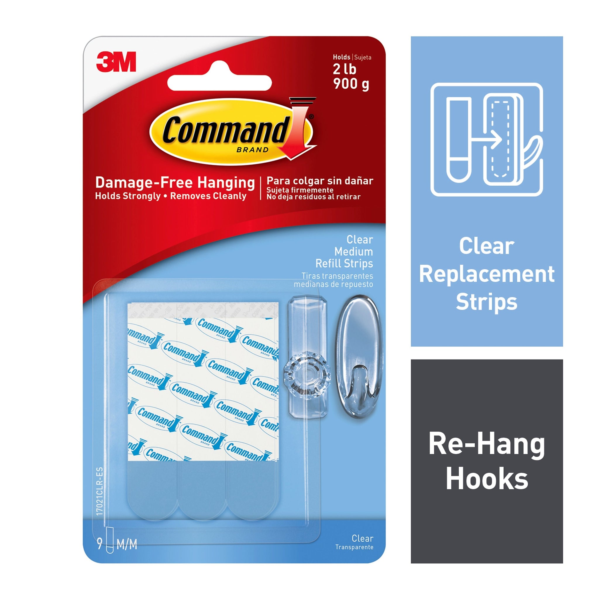 Command Medium Refill Strips, Clear, 9/Pack