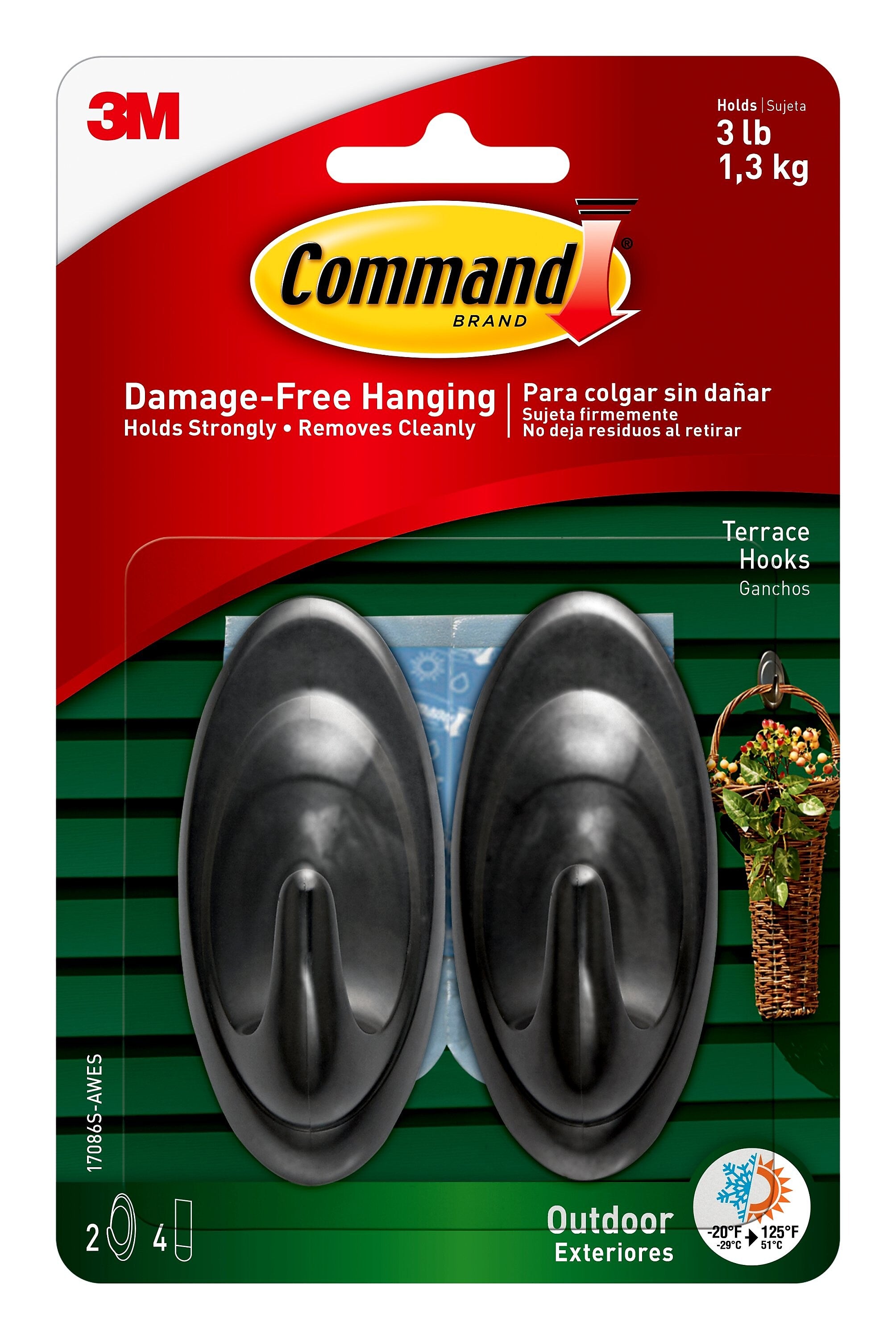 Command Medium Terrace Hooks, 3 lb., Slate, 2/Pack