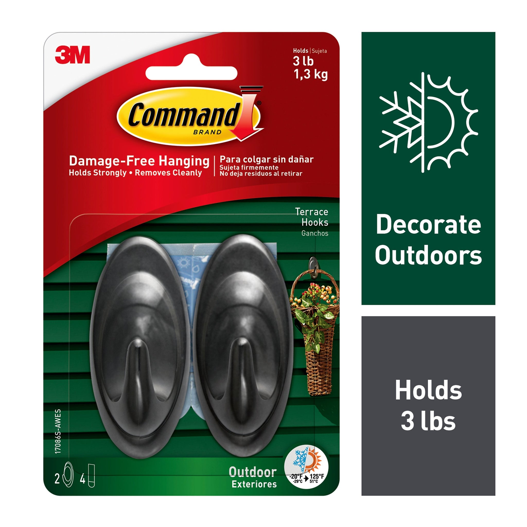 Command Medium Terrace Hooks, 3 lb., Slate, 2/Pack