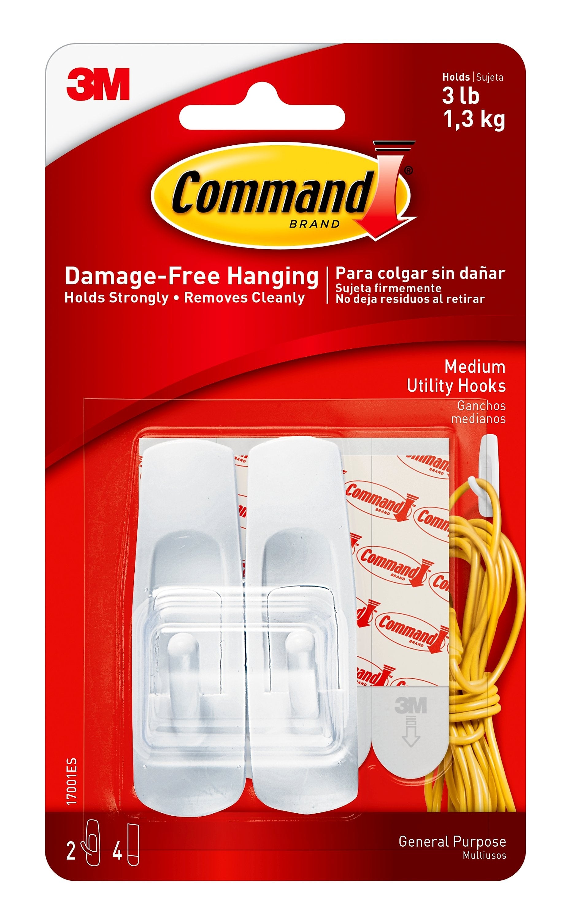 Command Medium Utility Hooks, 3 lb., White, 2/Pack