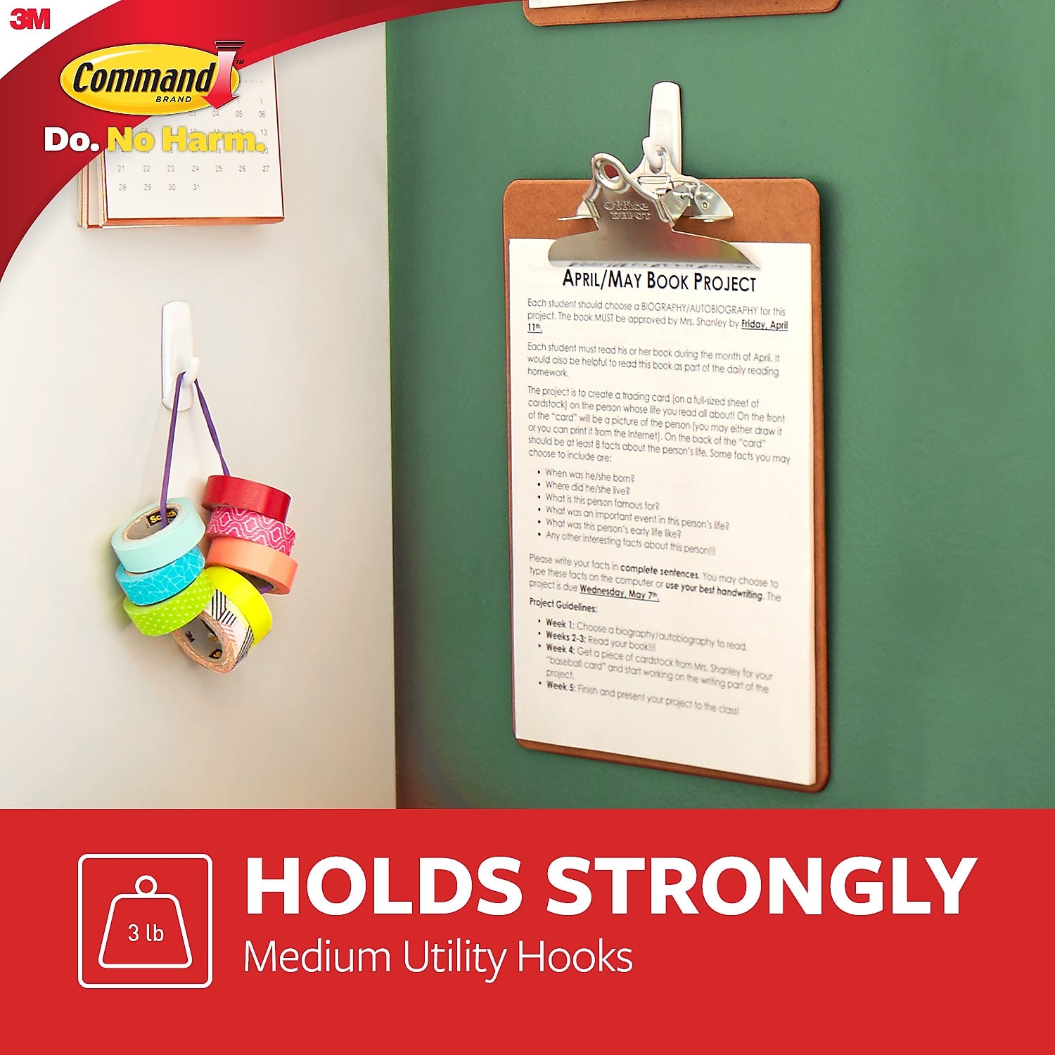 Command Medium Utility Hooks, 3 lb., White, 37/Pack
