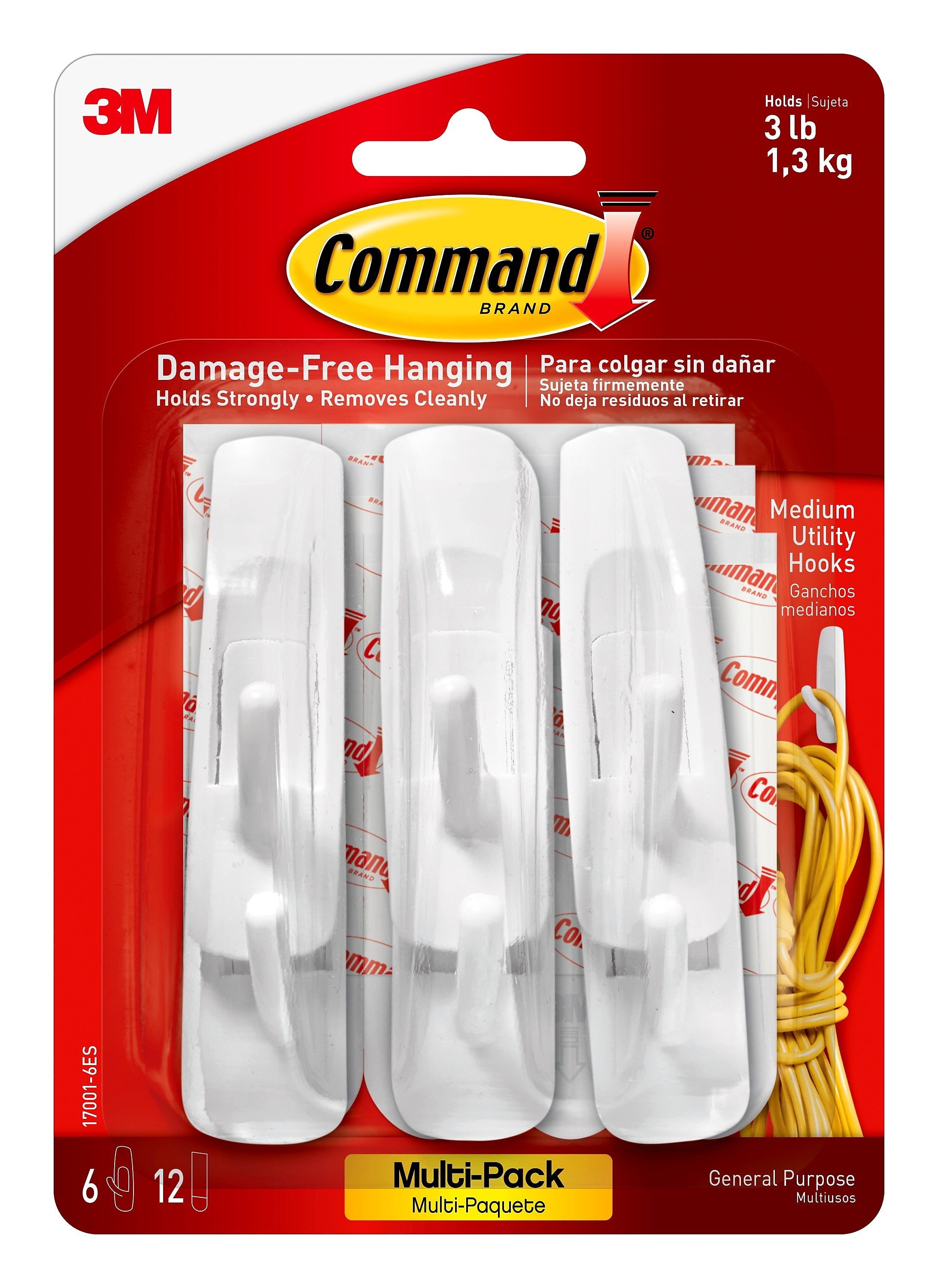 Command Medium Utility Hooks, 3 lb., White, 6/Pack
