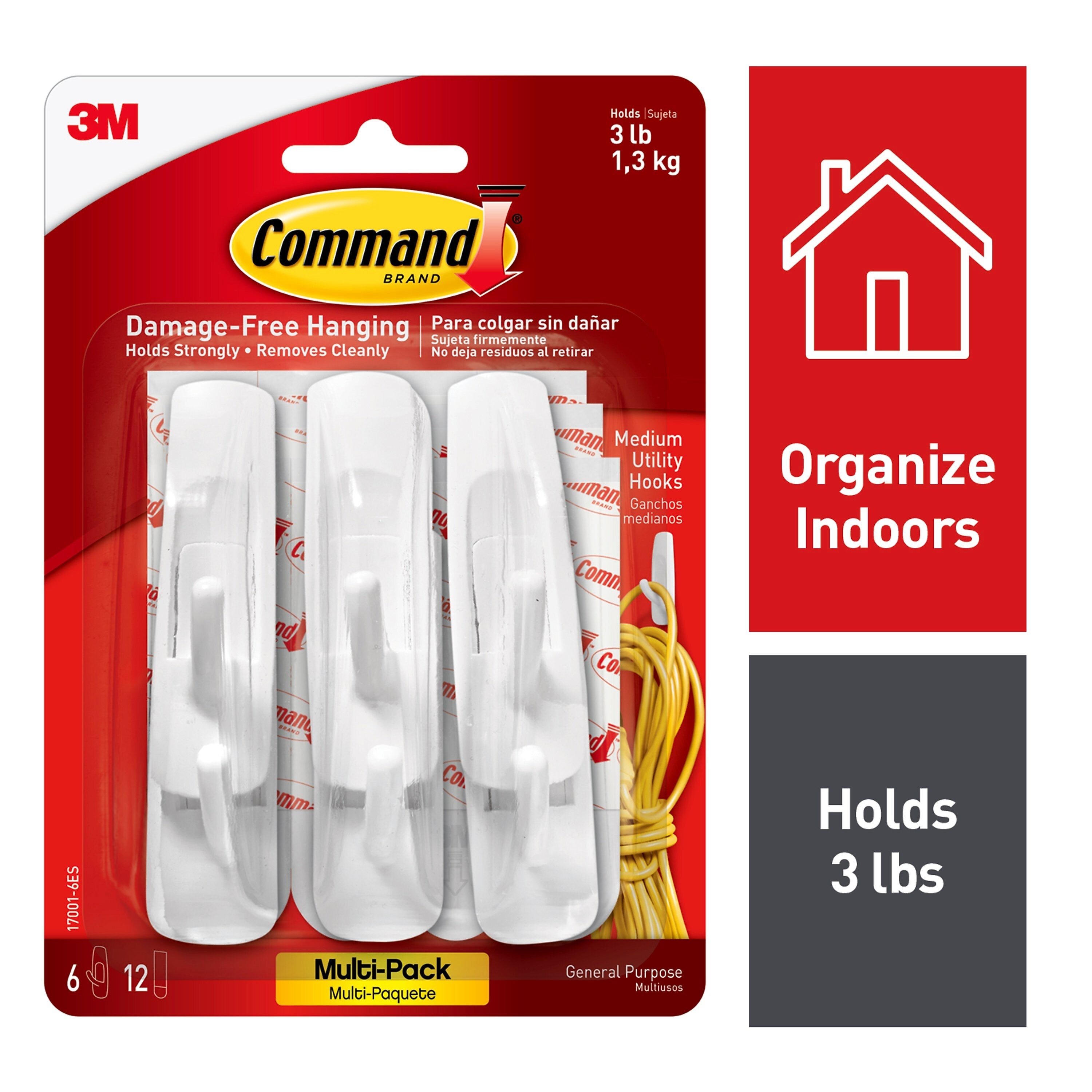 Command Medium Utility Hooks, 3 lb., White, 6/Pack