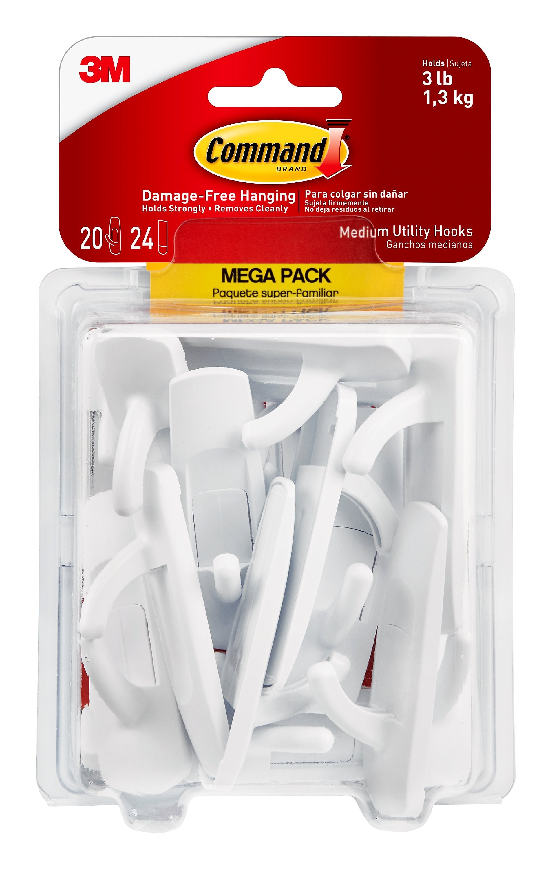 Command Medium Utility Hooks Mega Pack, 3 lb., White, 20/Pack