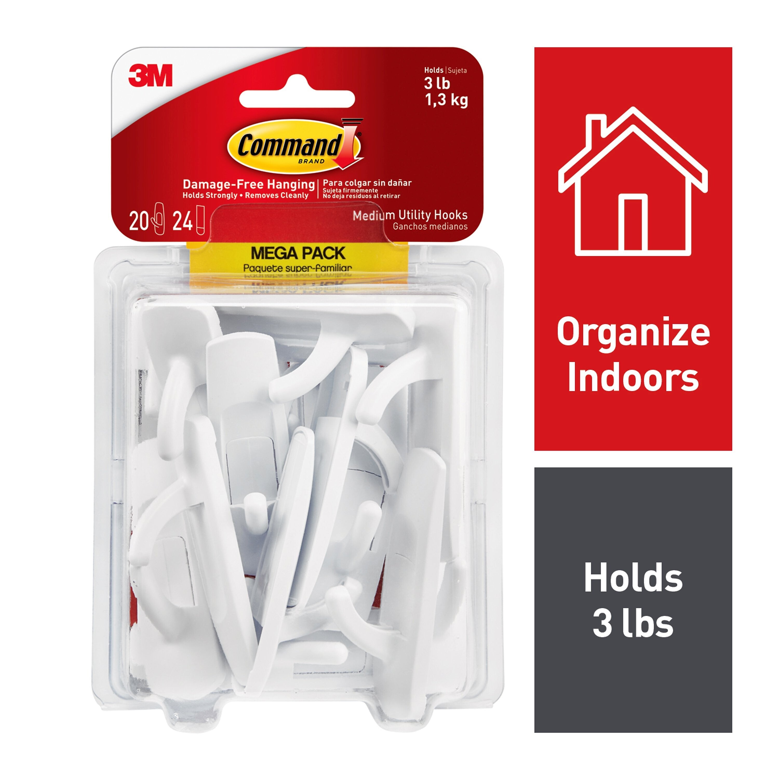 Command Medium Utility Hooks Mega Pack, 3 lb., White, 20/Pack