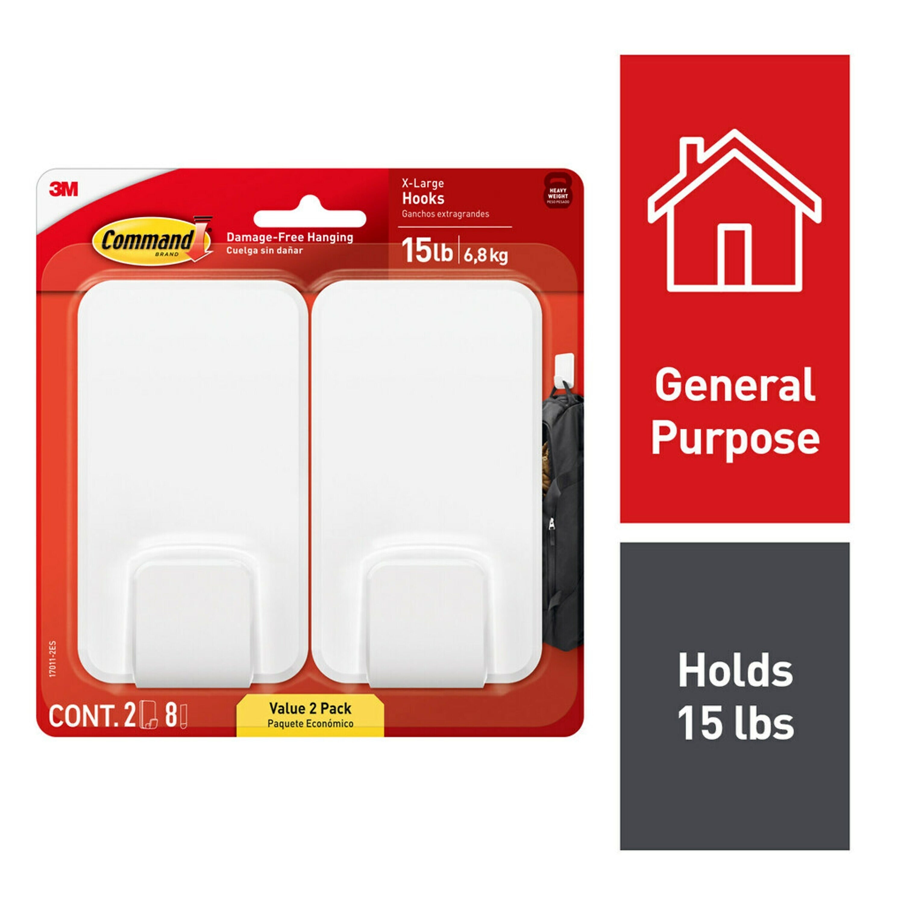 Command X-Large Utility Hooks, White, 2/Pack