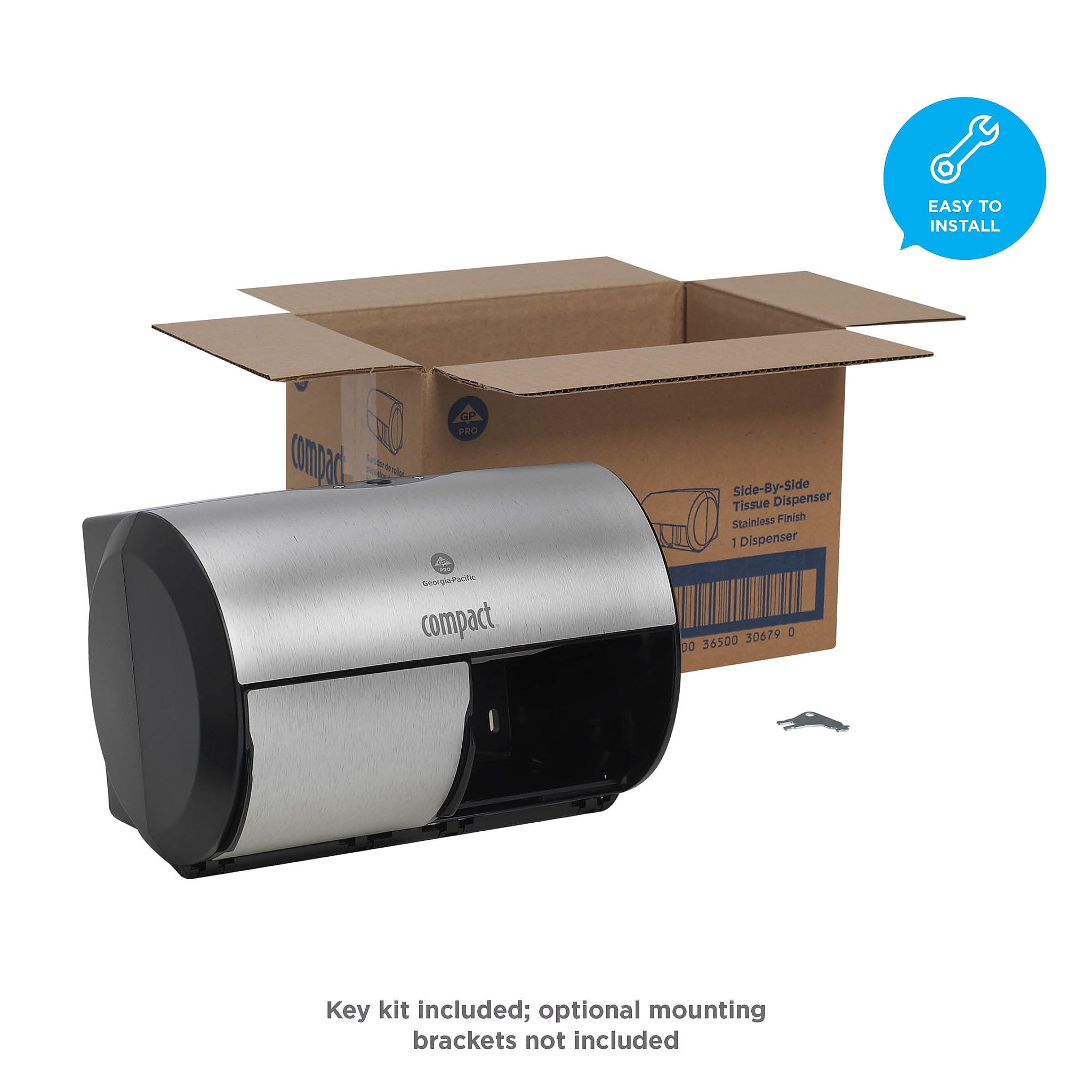 Compact 2-Roll Side-by-Side Coreless Toilet Paper Dispenser by GP PRO, Faux Stainless,