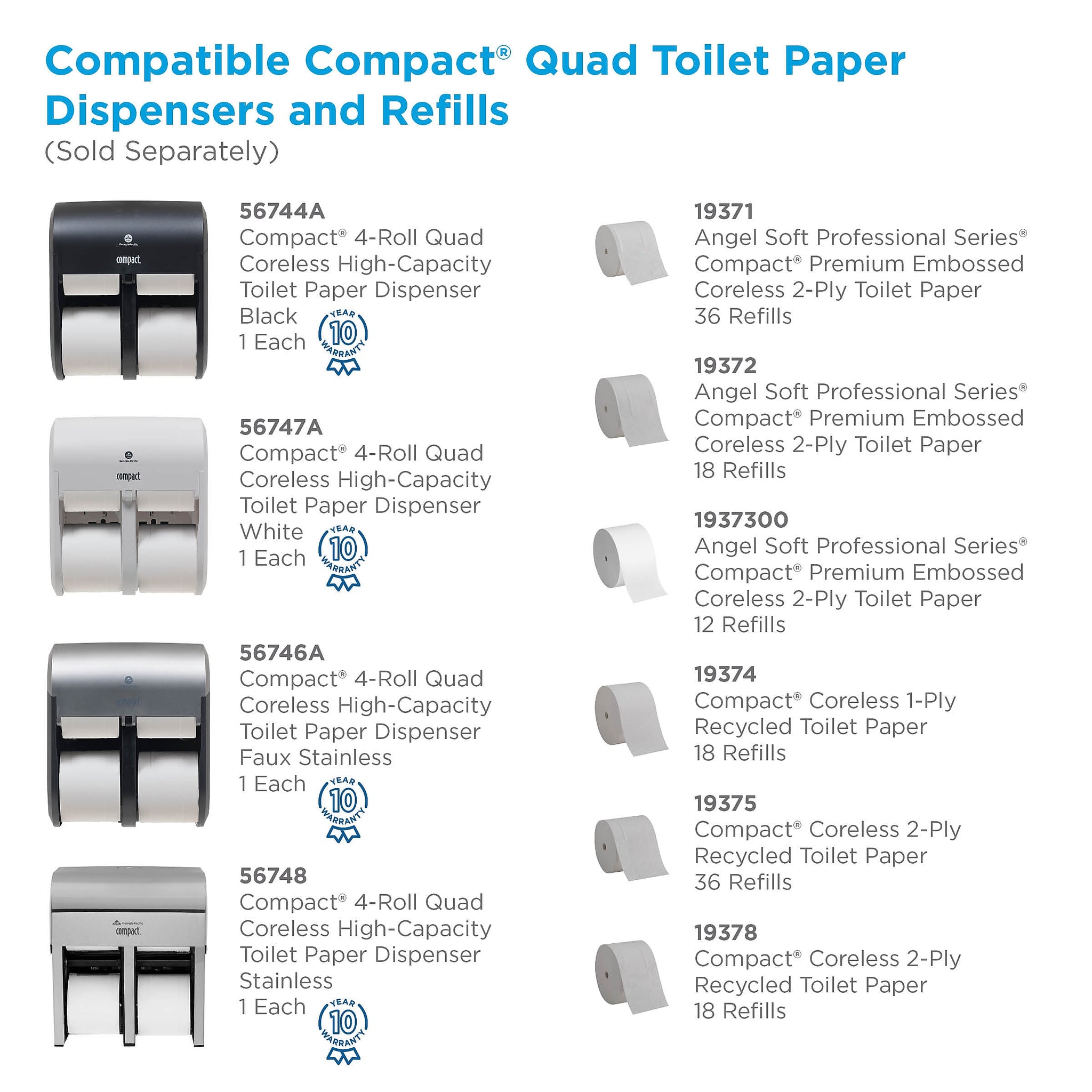 Compact® 4-Roll Quad Coreless Toilet Paper Dispenser by GP PRO, Black, 11.750