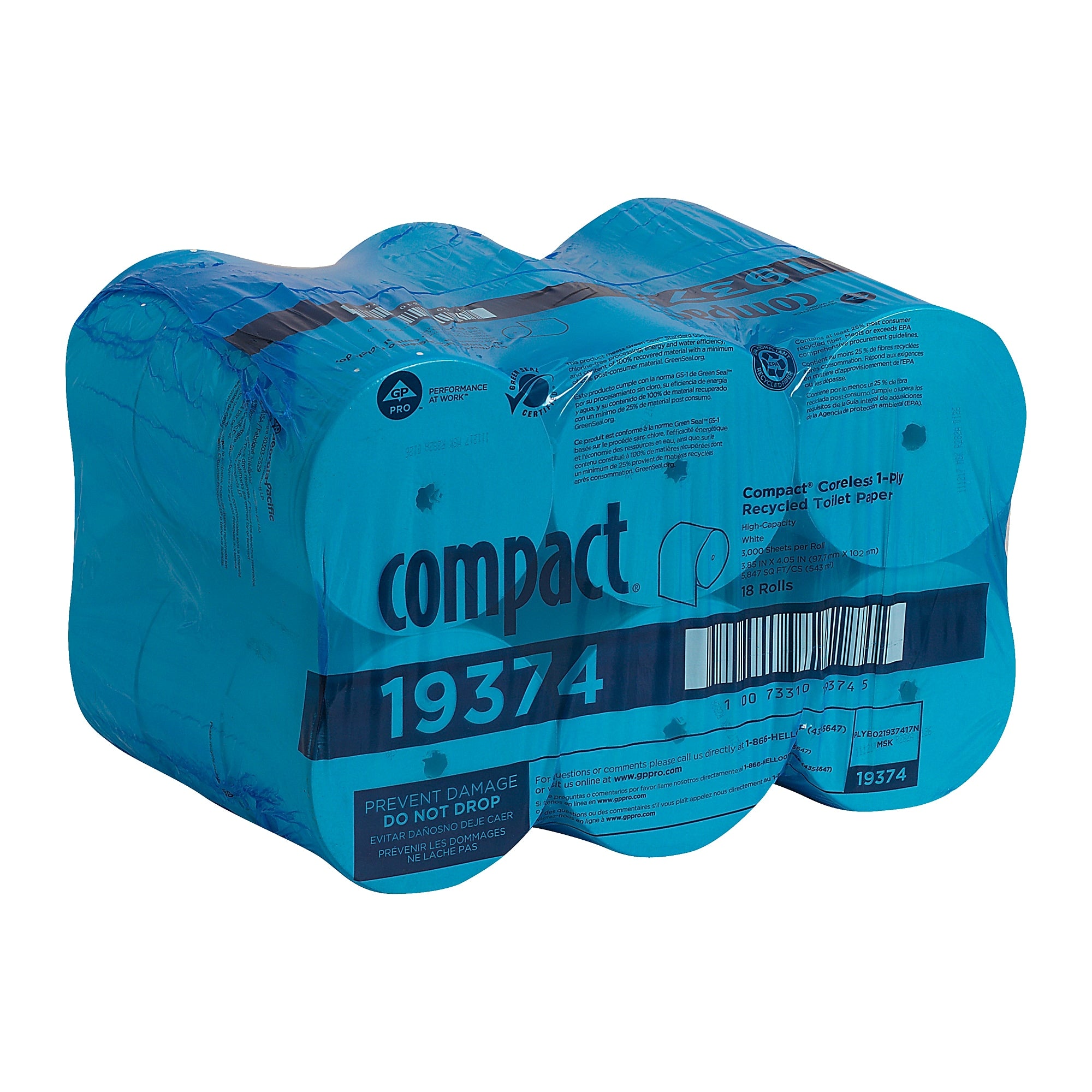 Compact Recycled 1-Ply Coreless Toilet Paper, White, 3000 Sheets/Roll, 18 Rolls/Carton