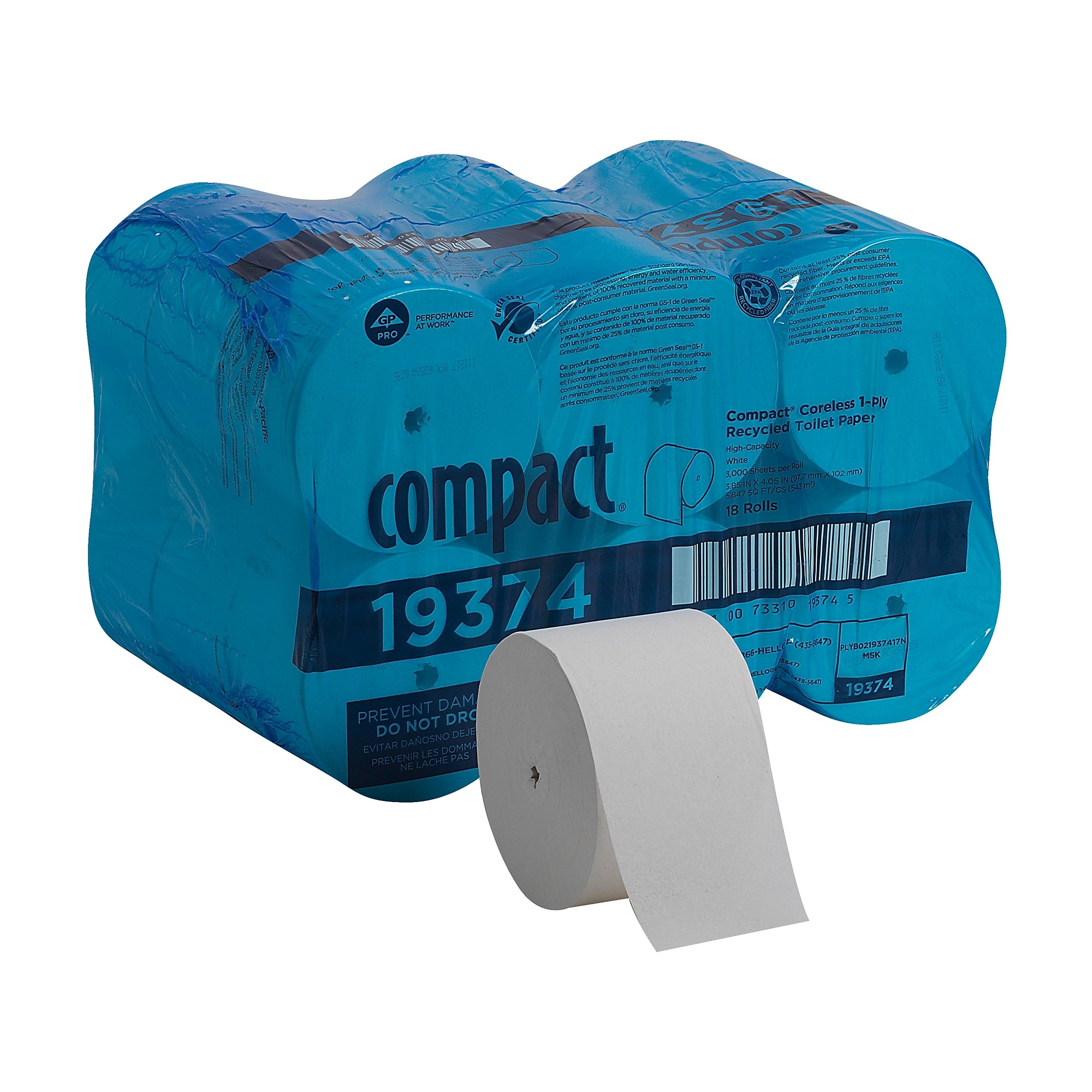 Compact Recycled 1-Ply Coreless Toilet Paper, White, 3000 Sheets/Roll, 18 Rolls/Carton