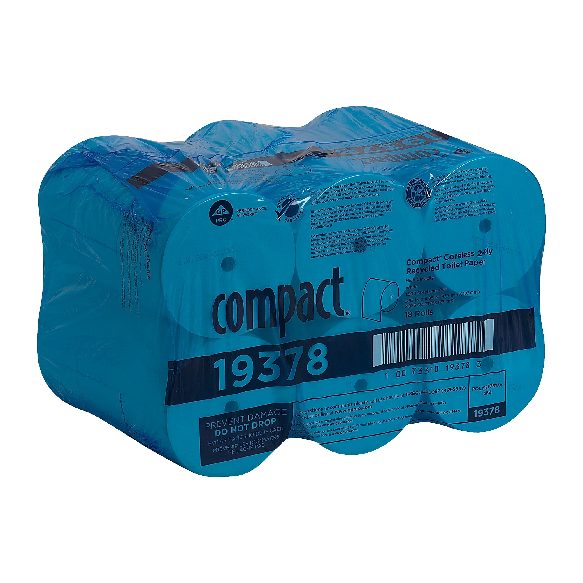 Compact Recycled Coreless Toilet Paper, 2-Ply, White, 1500 Sheets/Roll, 18 Rolls/Carton