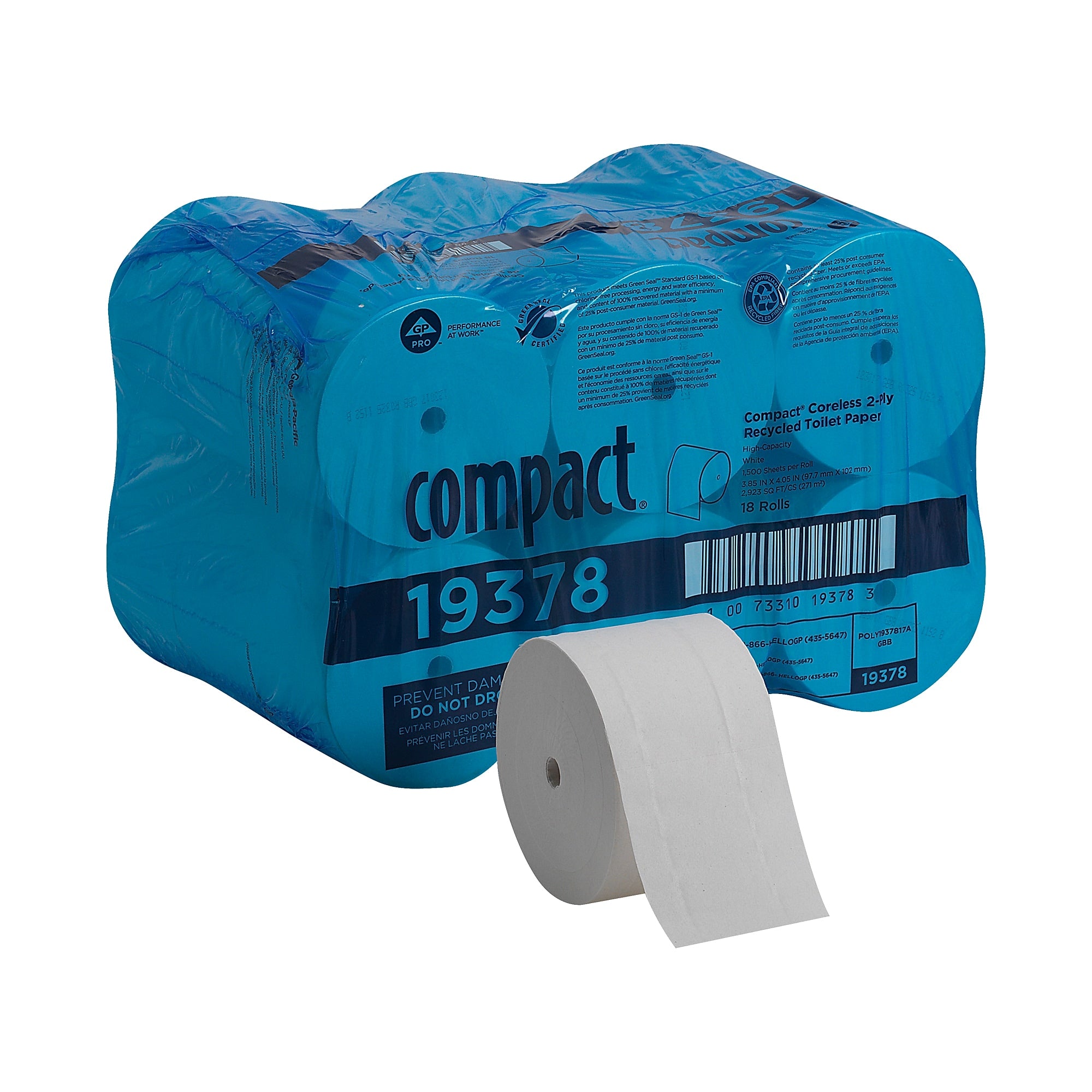 Compact Recycled Coreless Toilet Paper, 2-Ply, White, 1500 Sheets/Roll, 18 Rolls/Carton