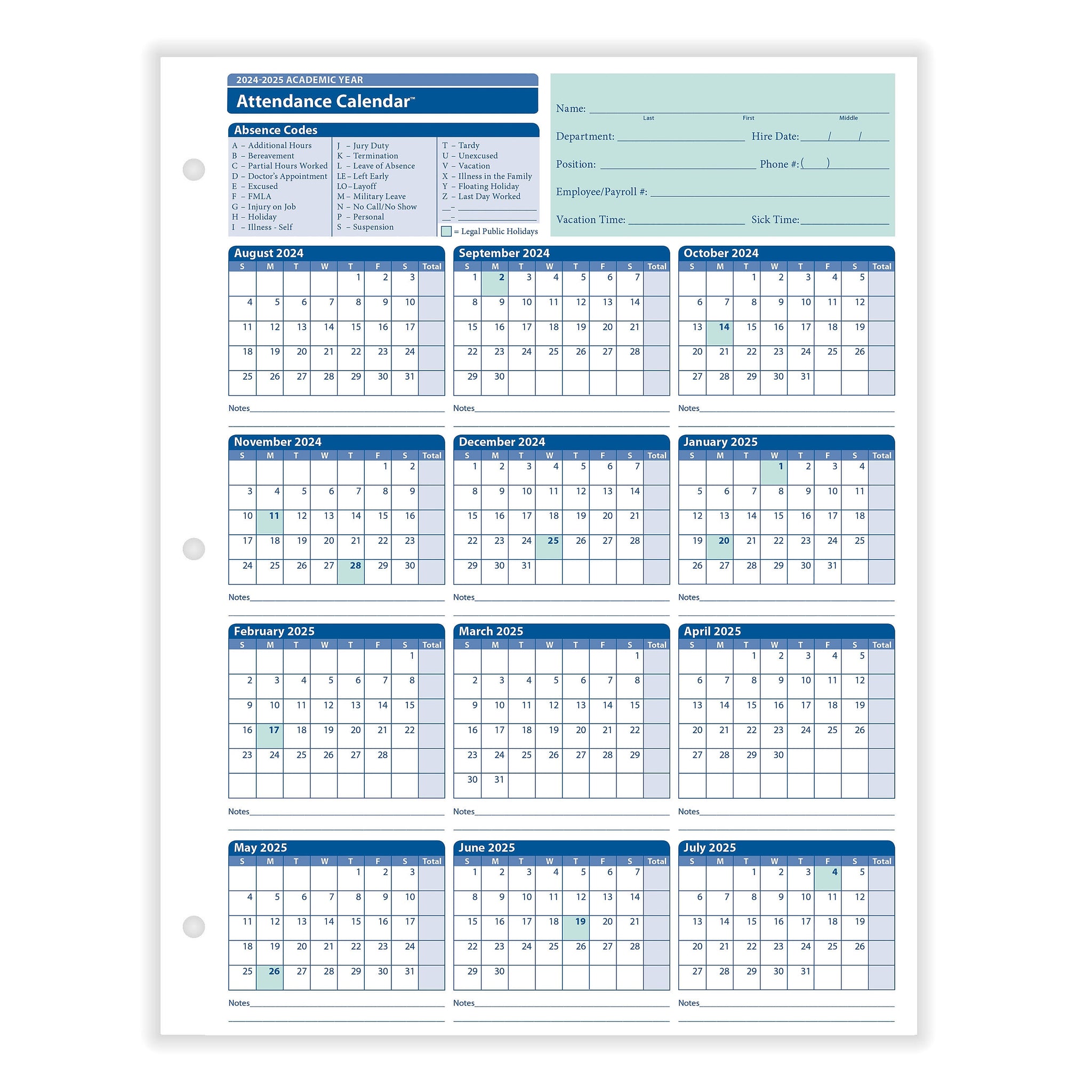 ComplyRight 2024-2025 Academic Attendance Calendar, 50/Pack