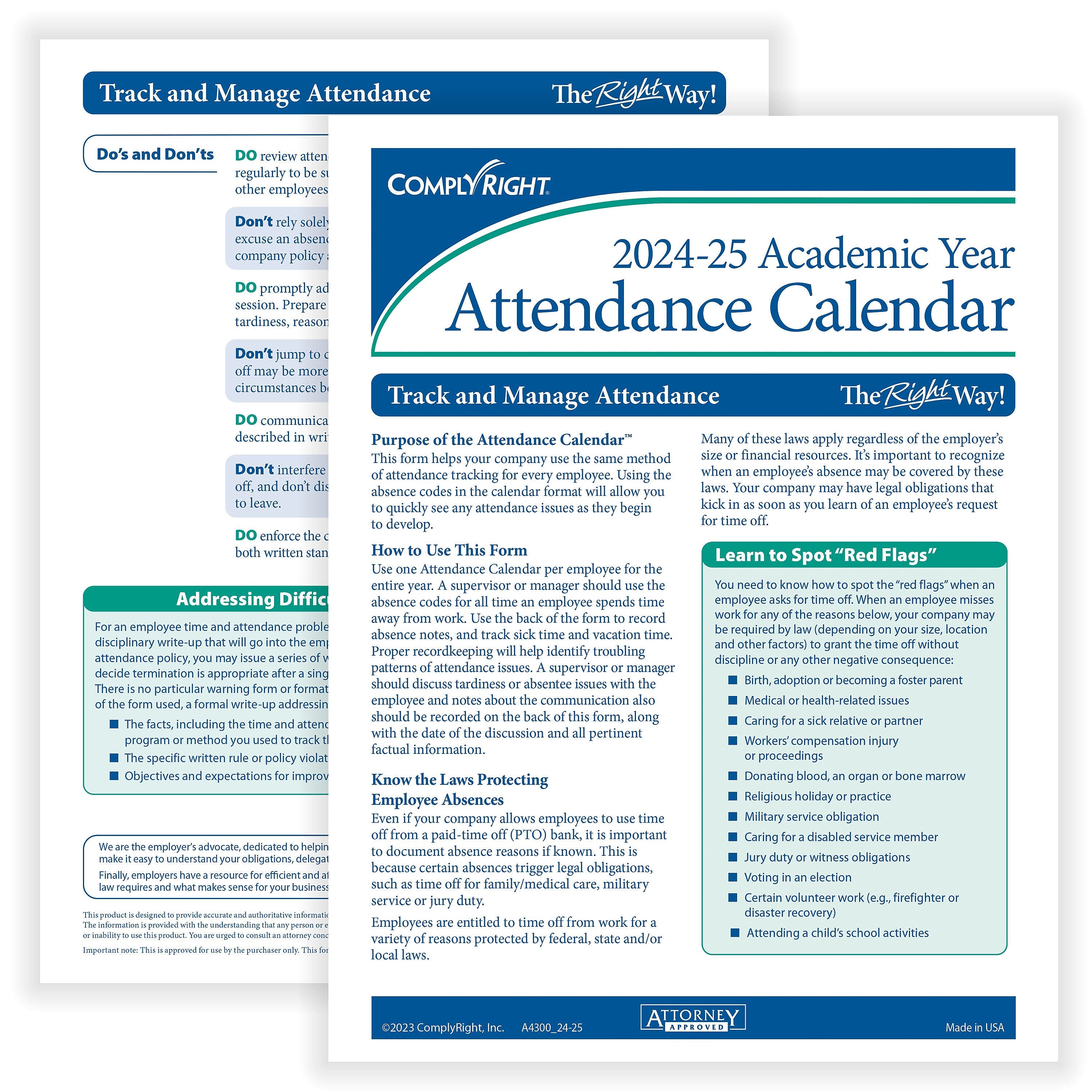 ComplyRight 2024-2025 Academic Attendance Calendar, 50/Pack