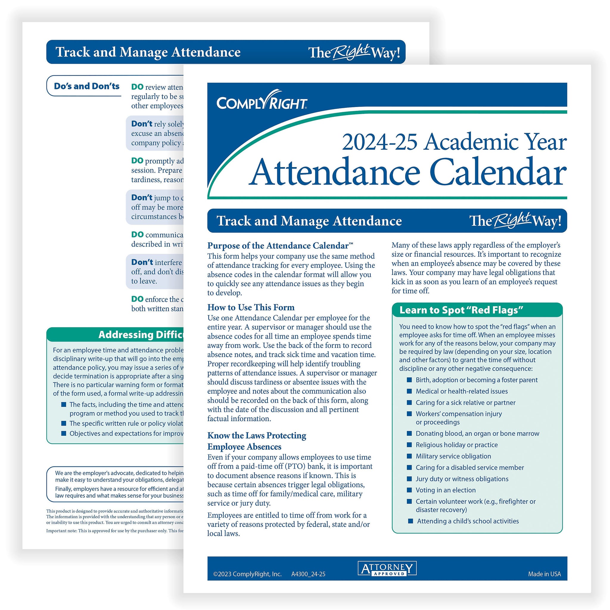 ComplyRight 2024-2025 Academic Attendance Calendar, 50/Pack