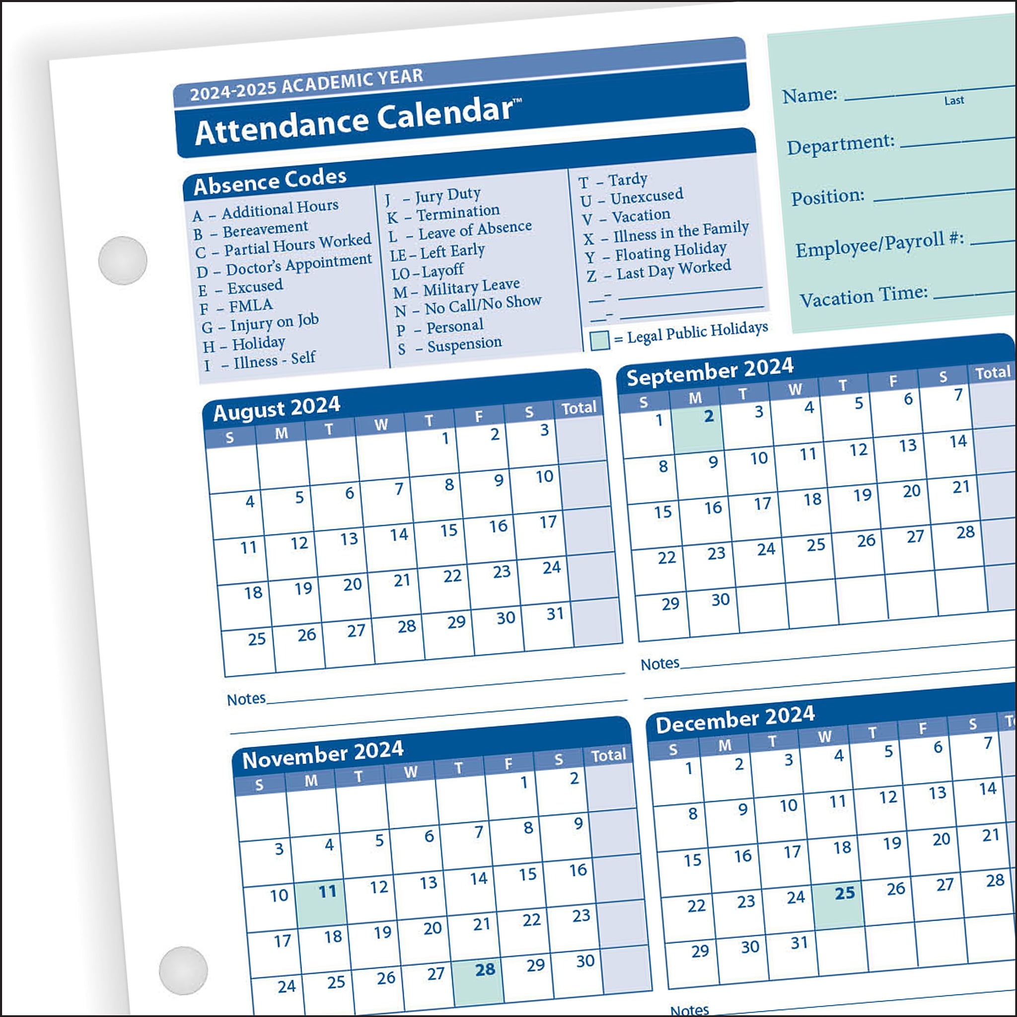 ComplyRight 2024-2025 Academic Attendance Calendar, 50/Pack