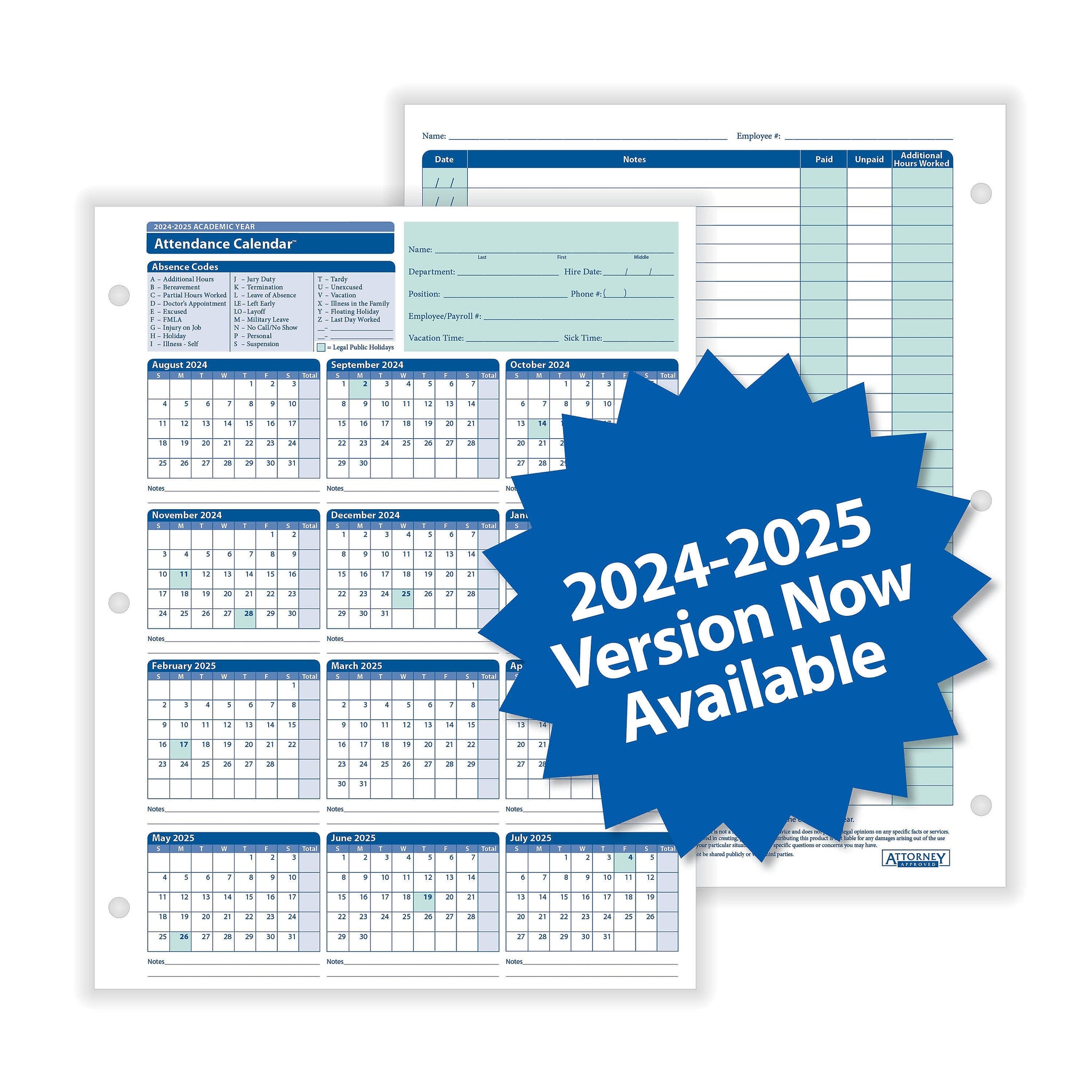ComplyRight 2024-2025 Academic Attendance Calendar, 50/Pack