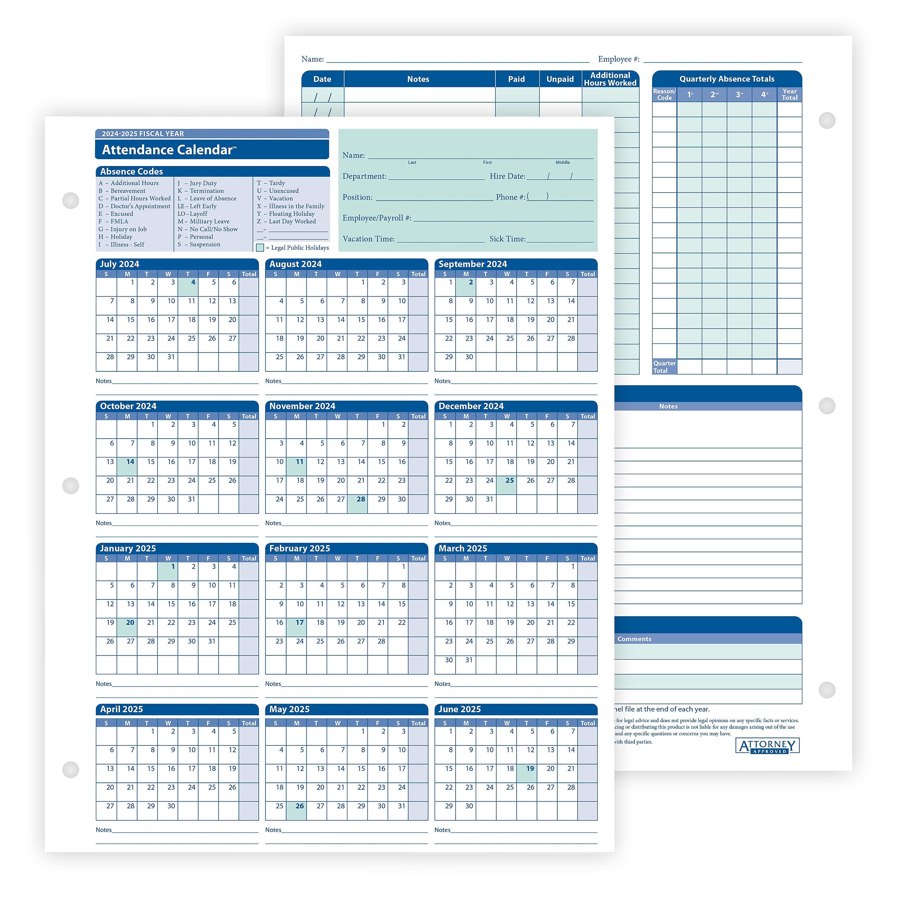 ComplyRight 2024-2025 Fiscal Attendance Calendar, 50/Pack