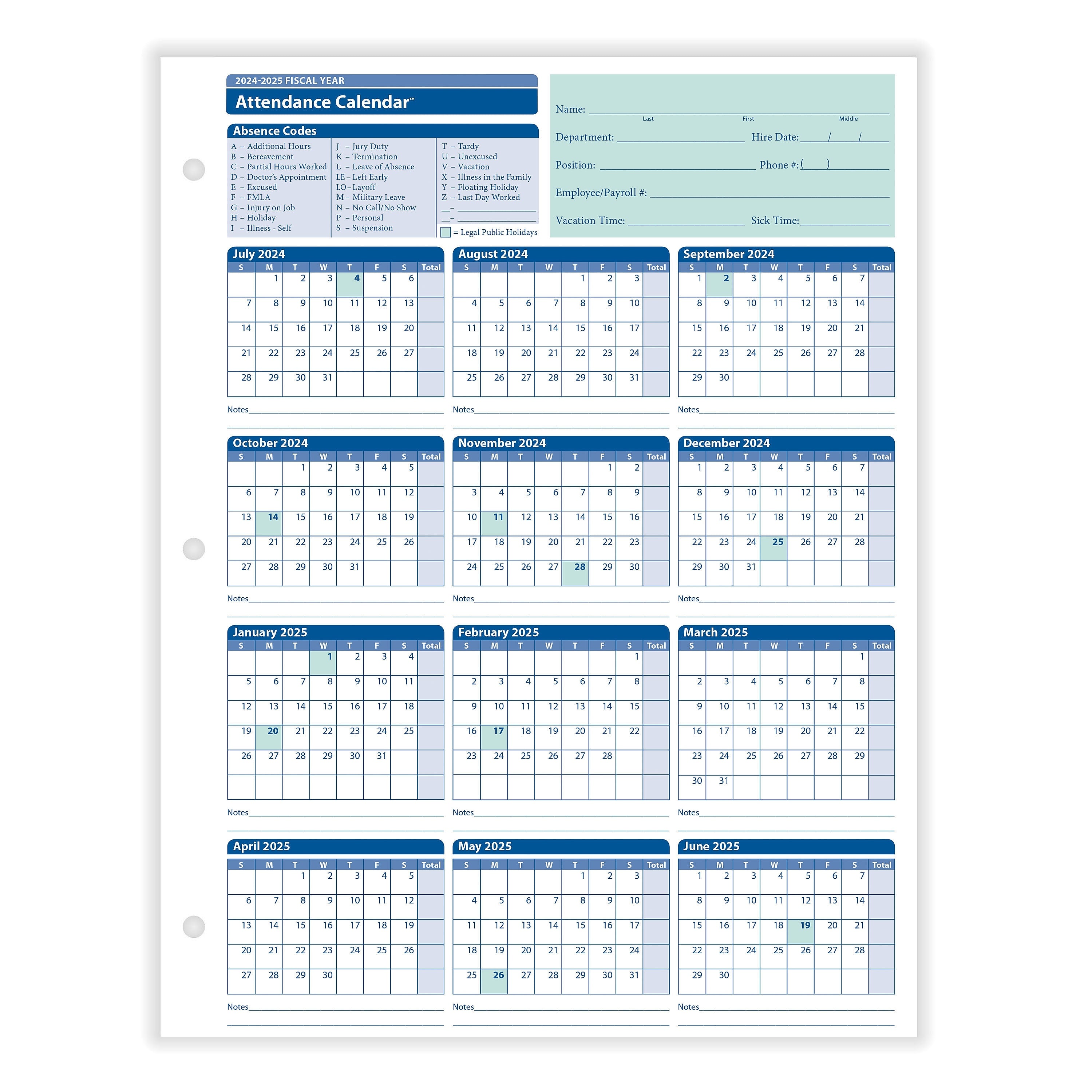 ComplyRight 2024-2025 Fiscal Attendance Calendar, 50/Pack