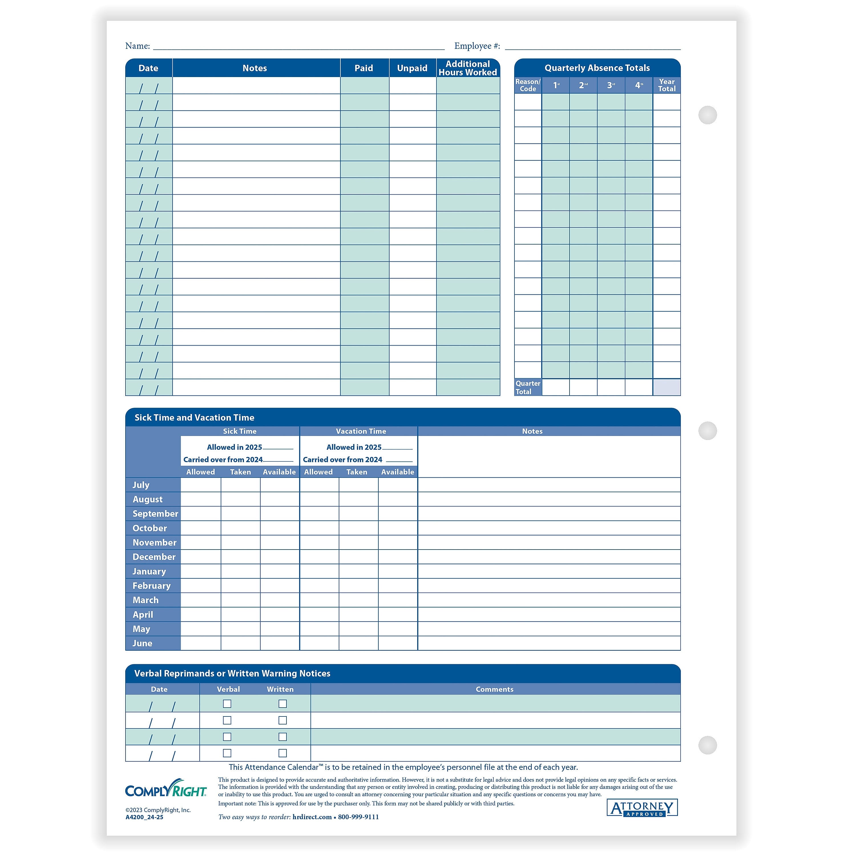 ComplyRight 2024-2025 Fiscal Attendance Calendar, 50/Pack