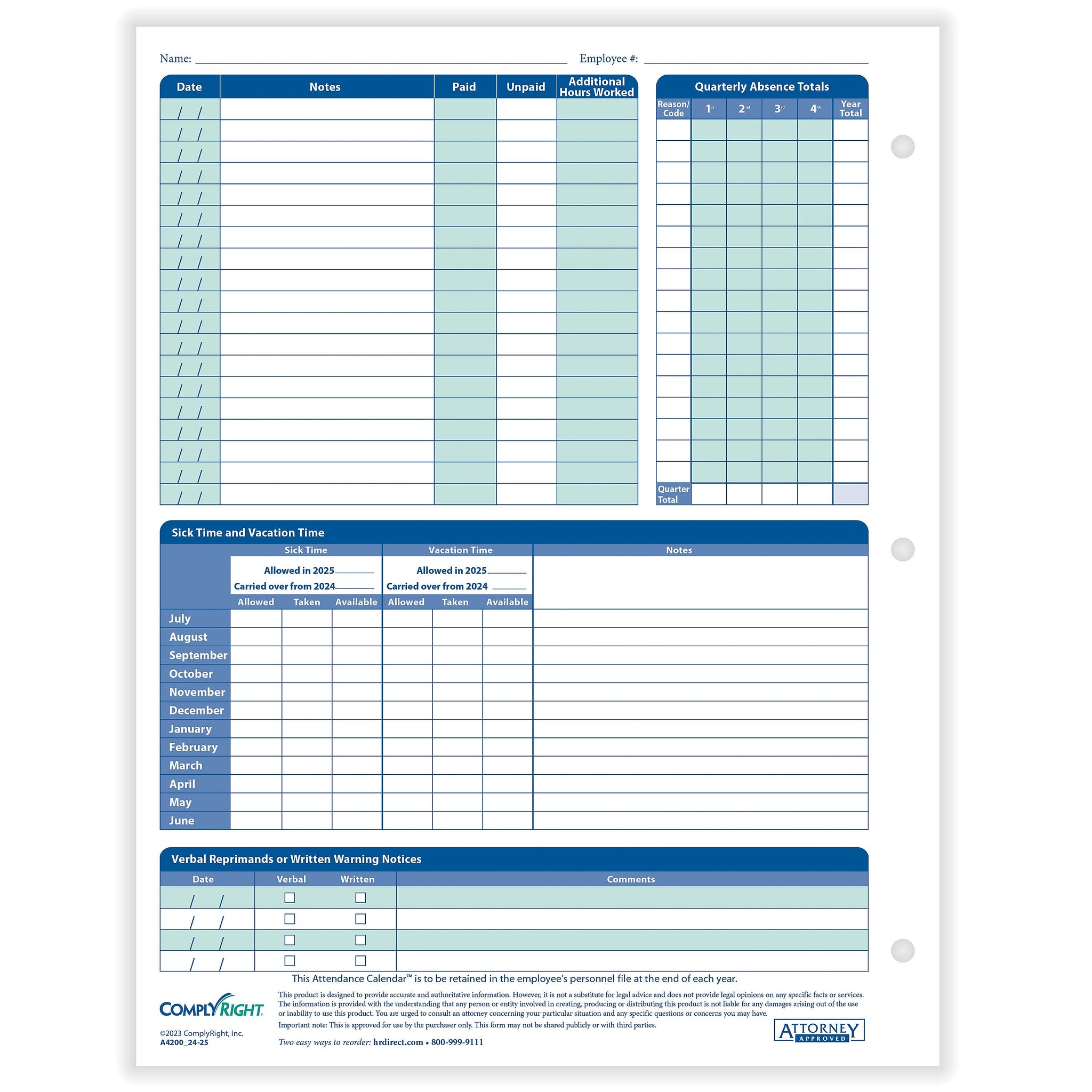 ComplyRight 2024-2025 Fiscal Attendance Calendar, 50/Pack