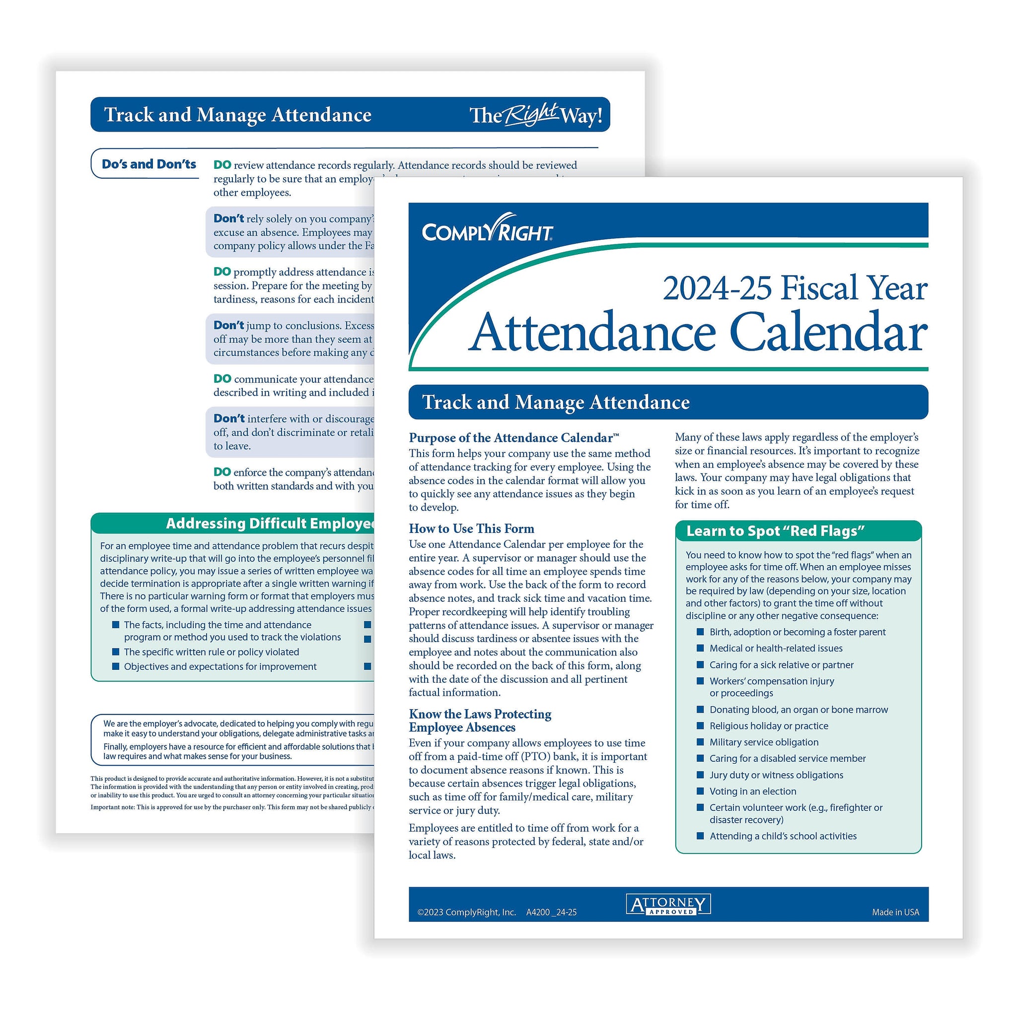 ComplyRight 2024-2025 Fiscal Attendance Calendar, 50/Pack