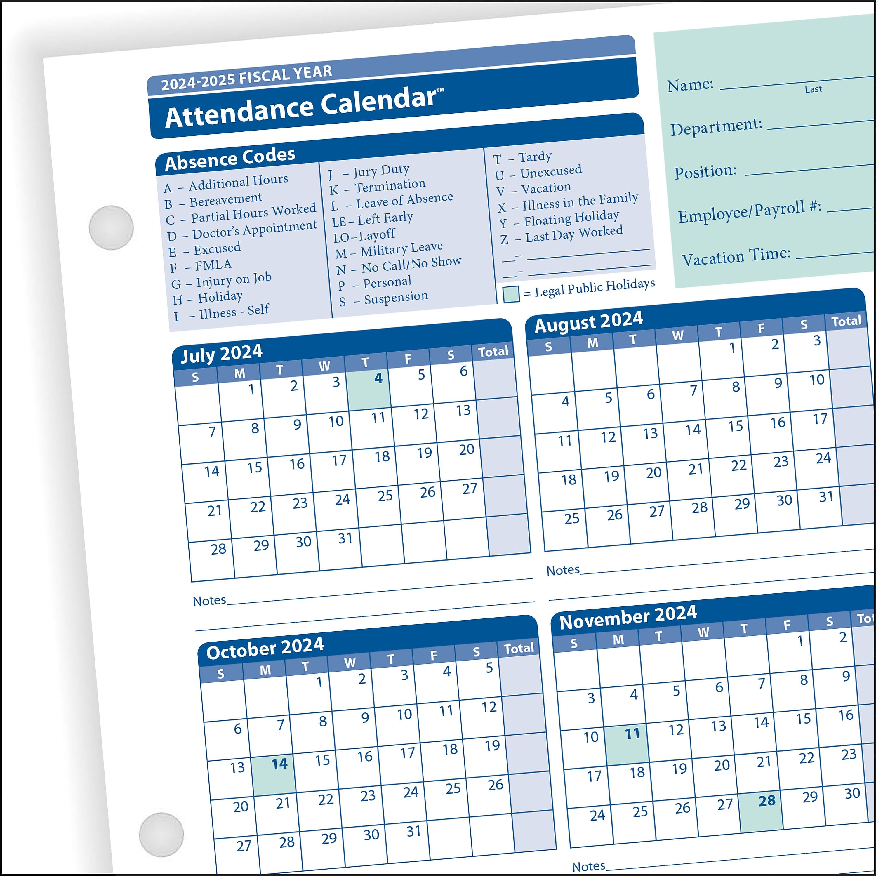ComplyRight 2024-2025 Fiscal Attendance Calendar, 50/Pack