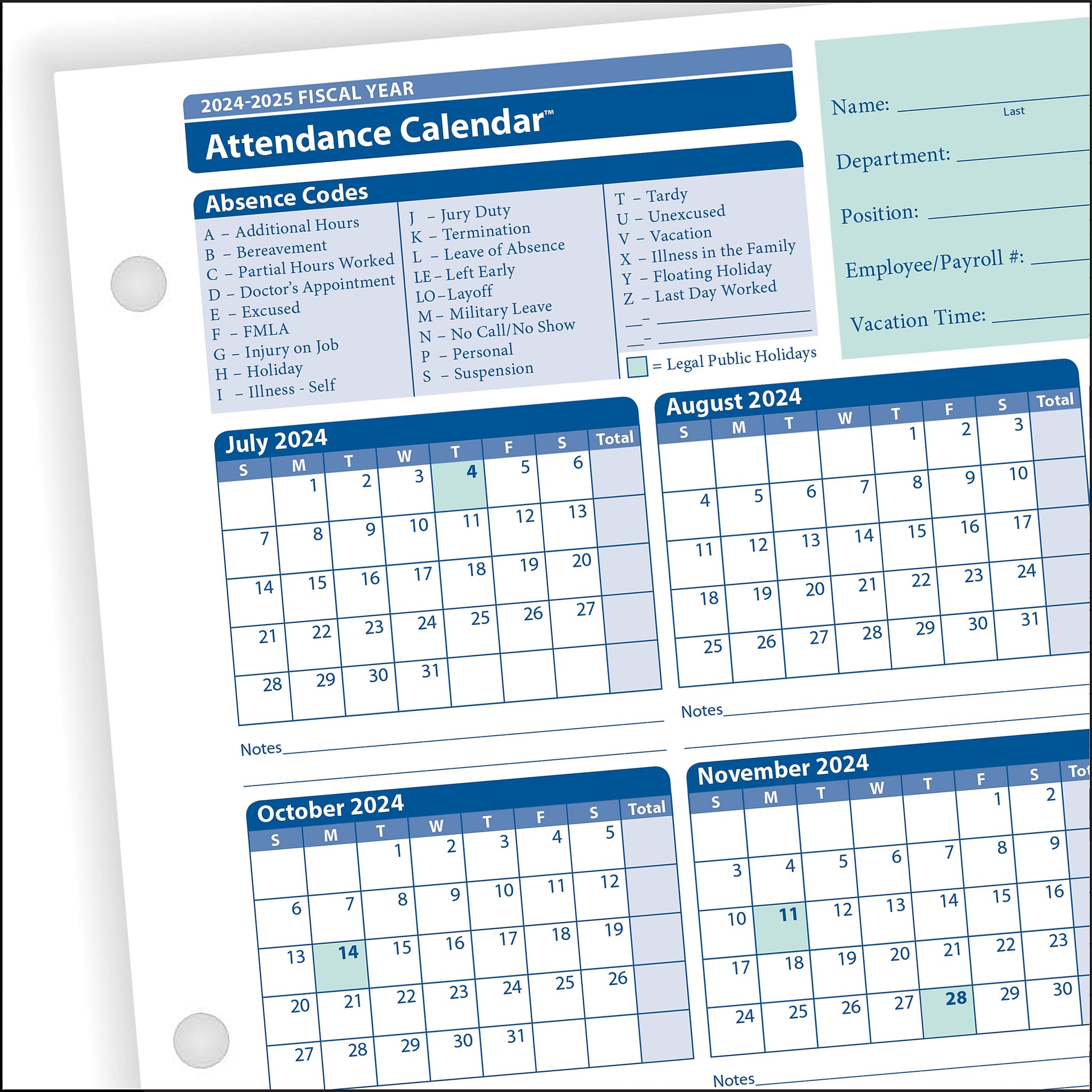 ComplyRight 2024-2025 Fiscal Attendance Calendar, 50/Pack