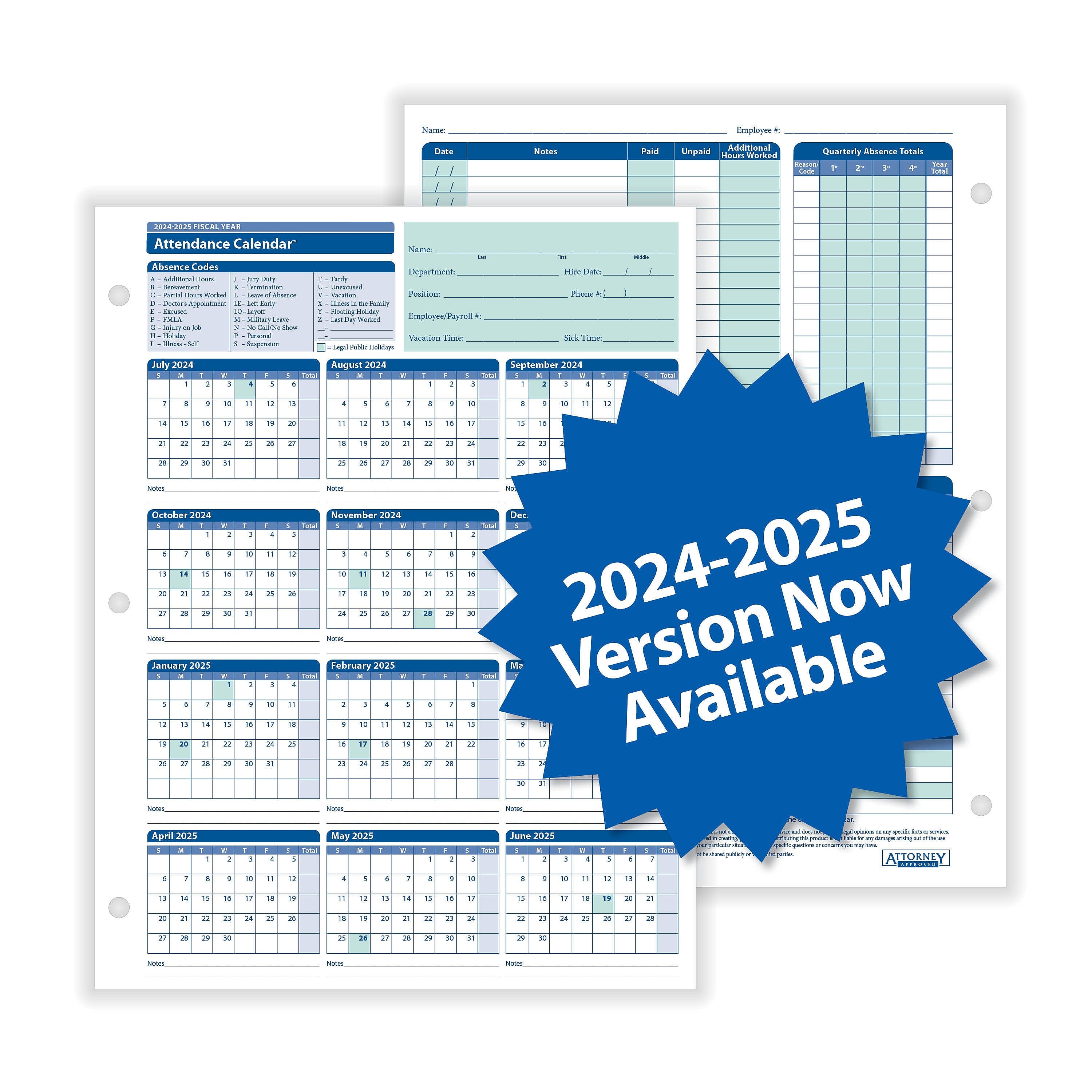 ComplyRight 2024-2025 Fiscal Attendance Calendar, 50/Pack