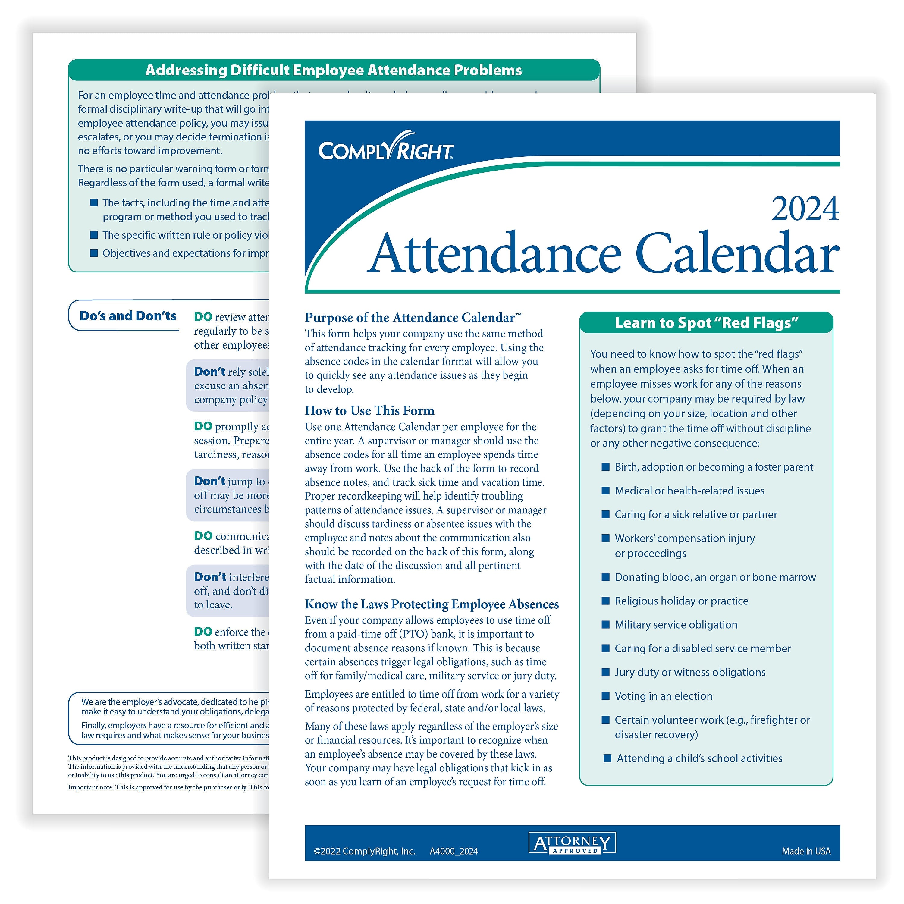 ComplyRight 2024 Attendance Calendar Card, White, Pack of 25
