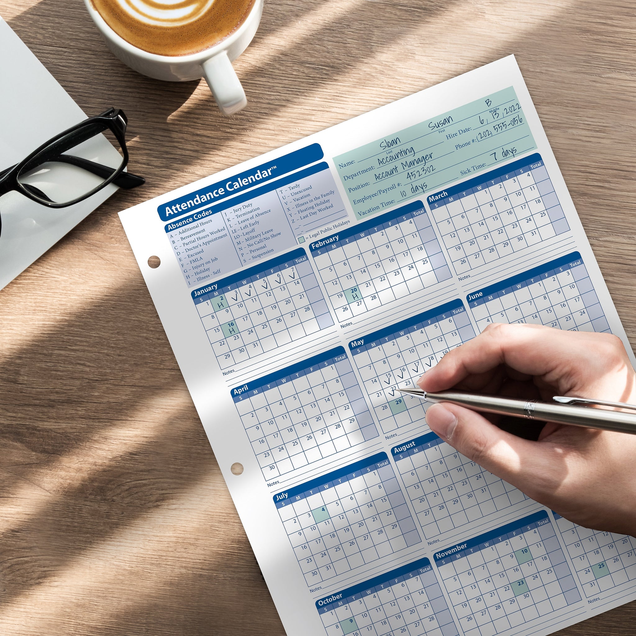 ComplyRight 2024 Attendance Calendar Card, White, Pack of 25