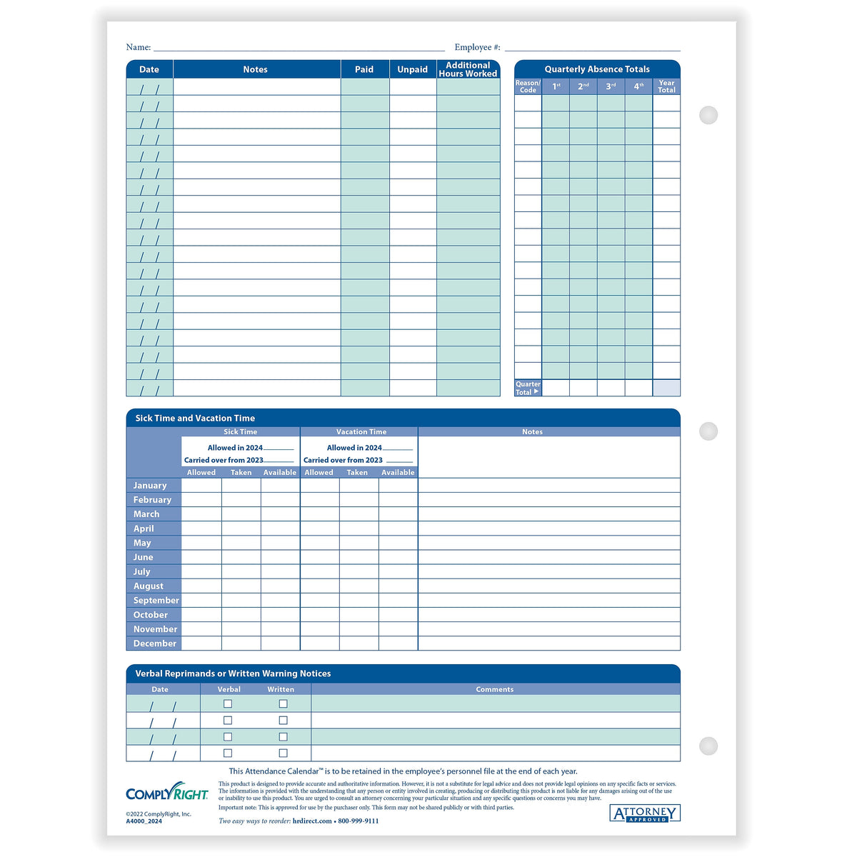 ComplyRight 2024 Attendance Calendar Card, White, Pack of 50